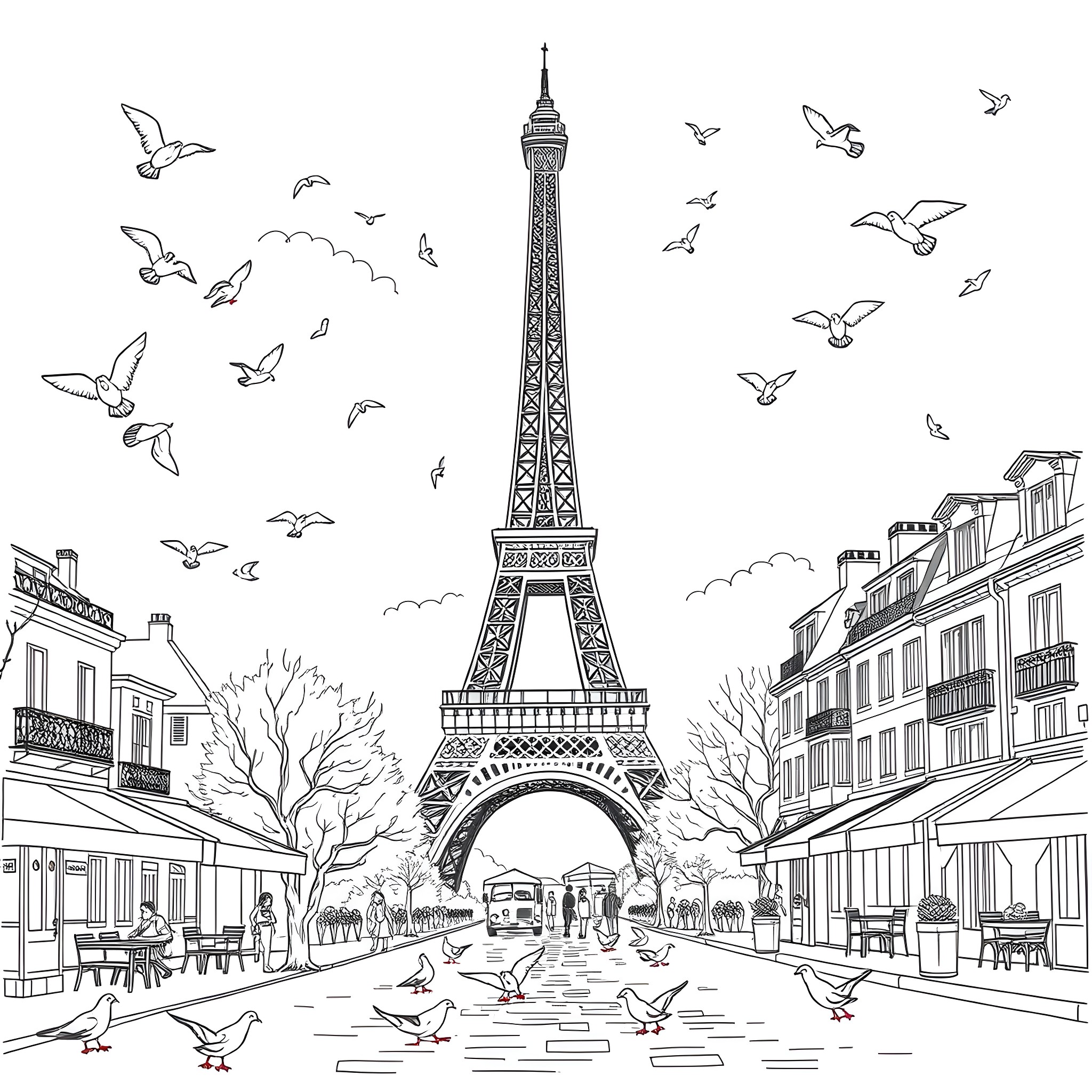 Eiffel Tower in Lively Parisian Street Scene Coloring Page (free black-and-white line drawing printable PDF for all, from beginners to advanced learners, including children, teens, adults, and seniors)