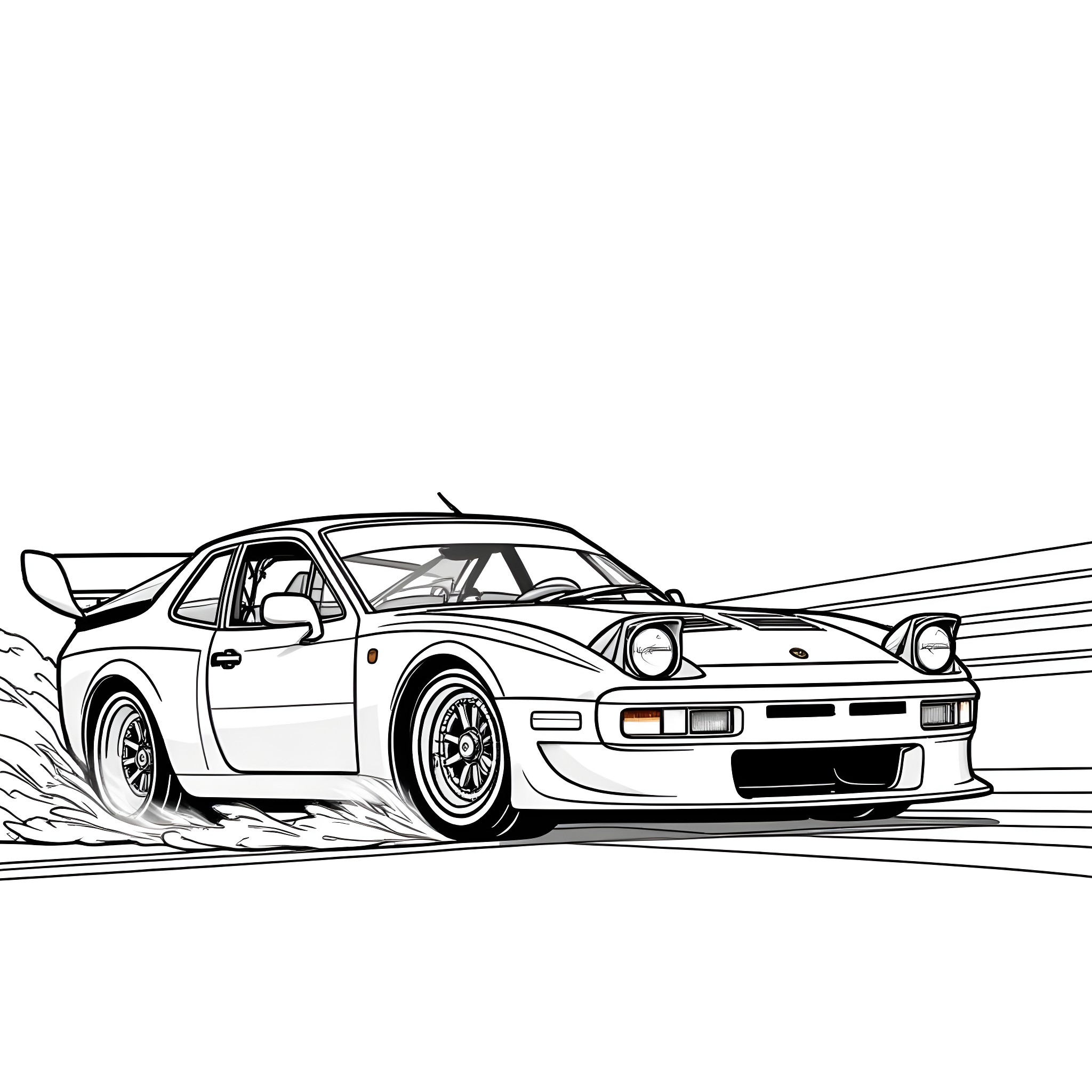 Porsche sports car racing on the track Coloring Page (free black-and-white line drawing printable PDF for all, from beginners to advanced learners, including children, teens, adults, and seniors)