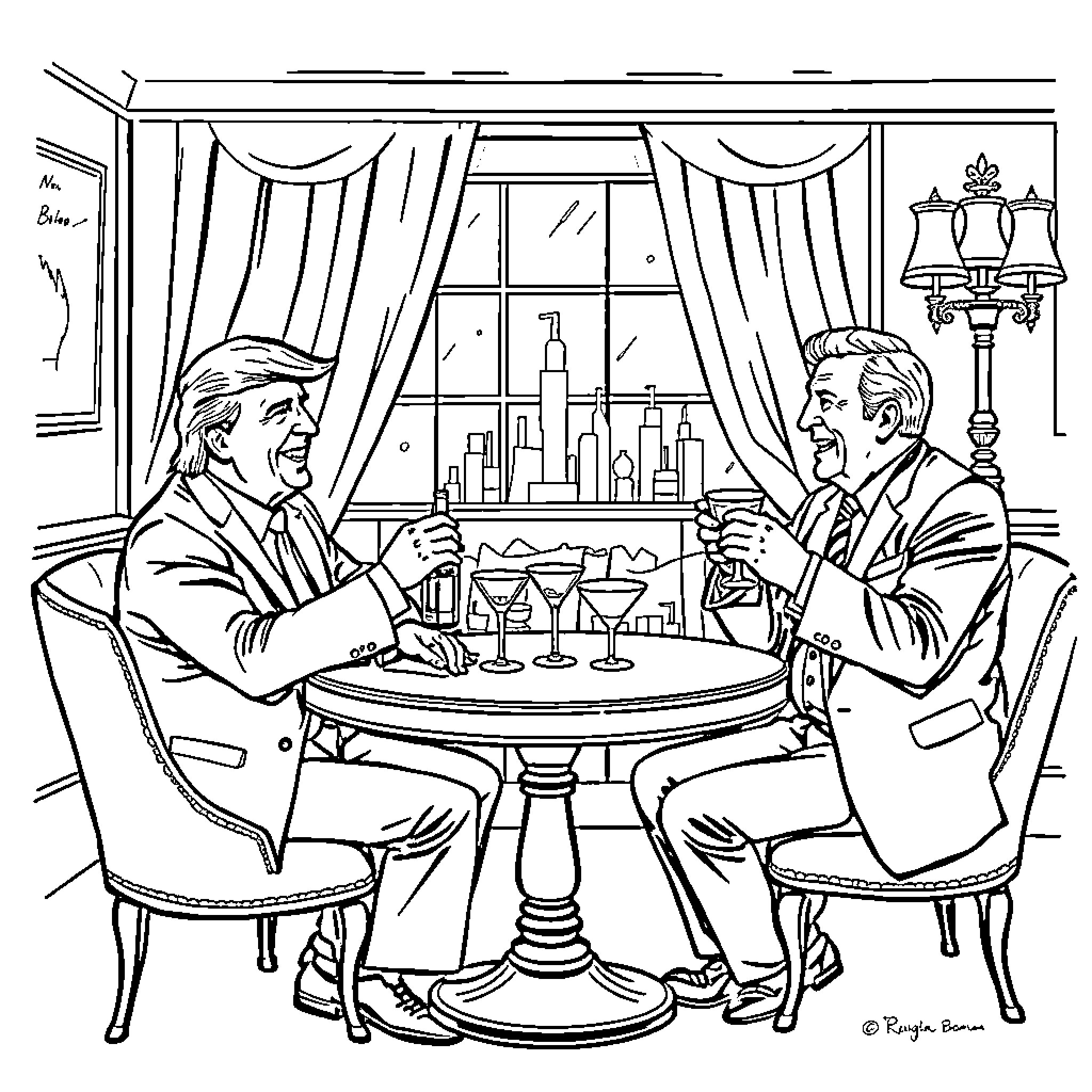 Donald Trump and Companion Enjoying Drinks at Formal Setting Coloring Page (free black-and-white line drawing printable PDF for all, from beginners to advanced learners, including children, teens, adults, and seniors)