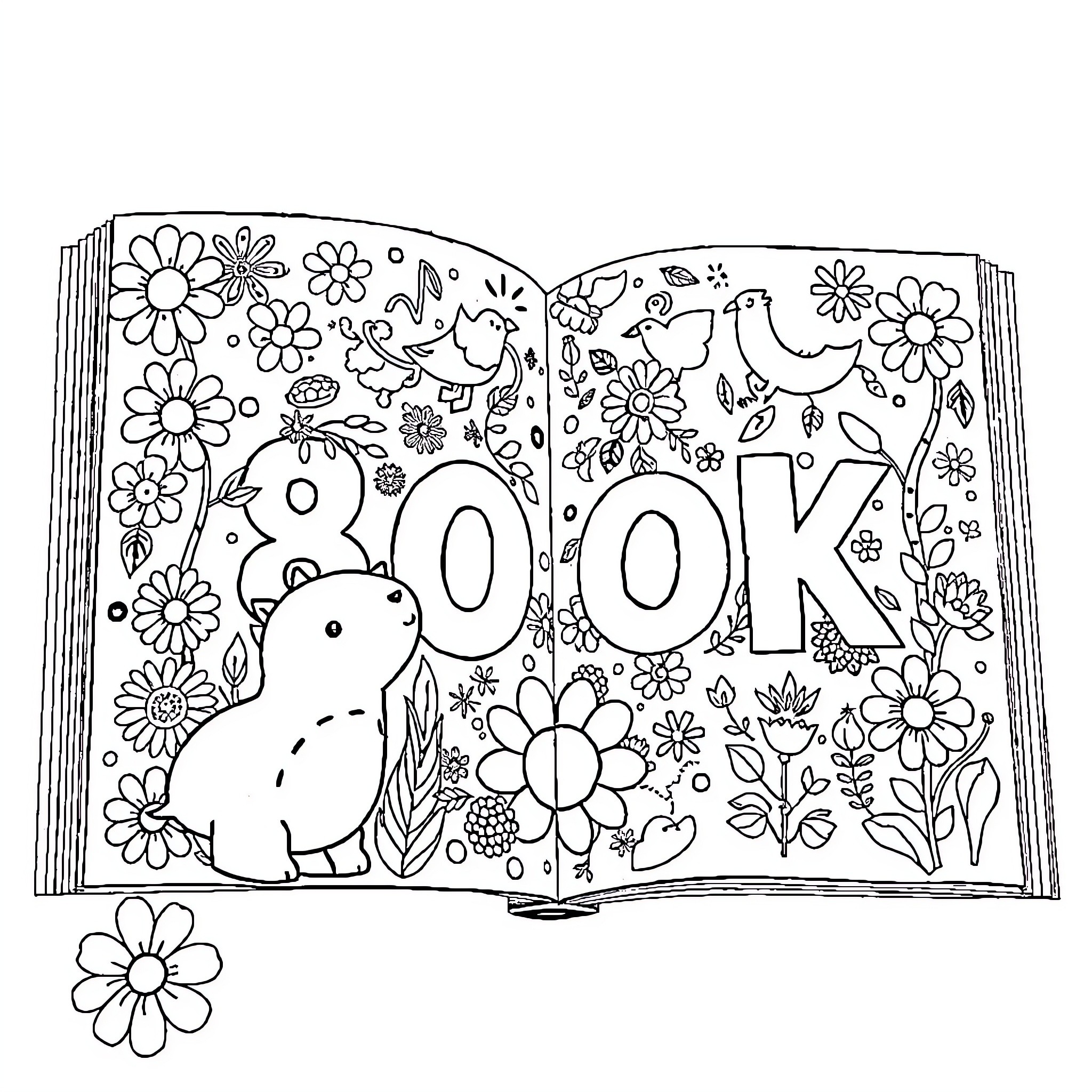 Number Book with Floral Decorations and Animal Illustrations Coloring Page (free black-and-white line drawing printable PDF for all, from beginners to advanced learners, including children, teens, adults, and seniors)