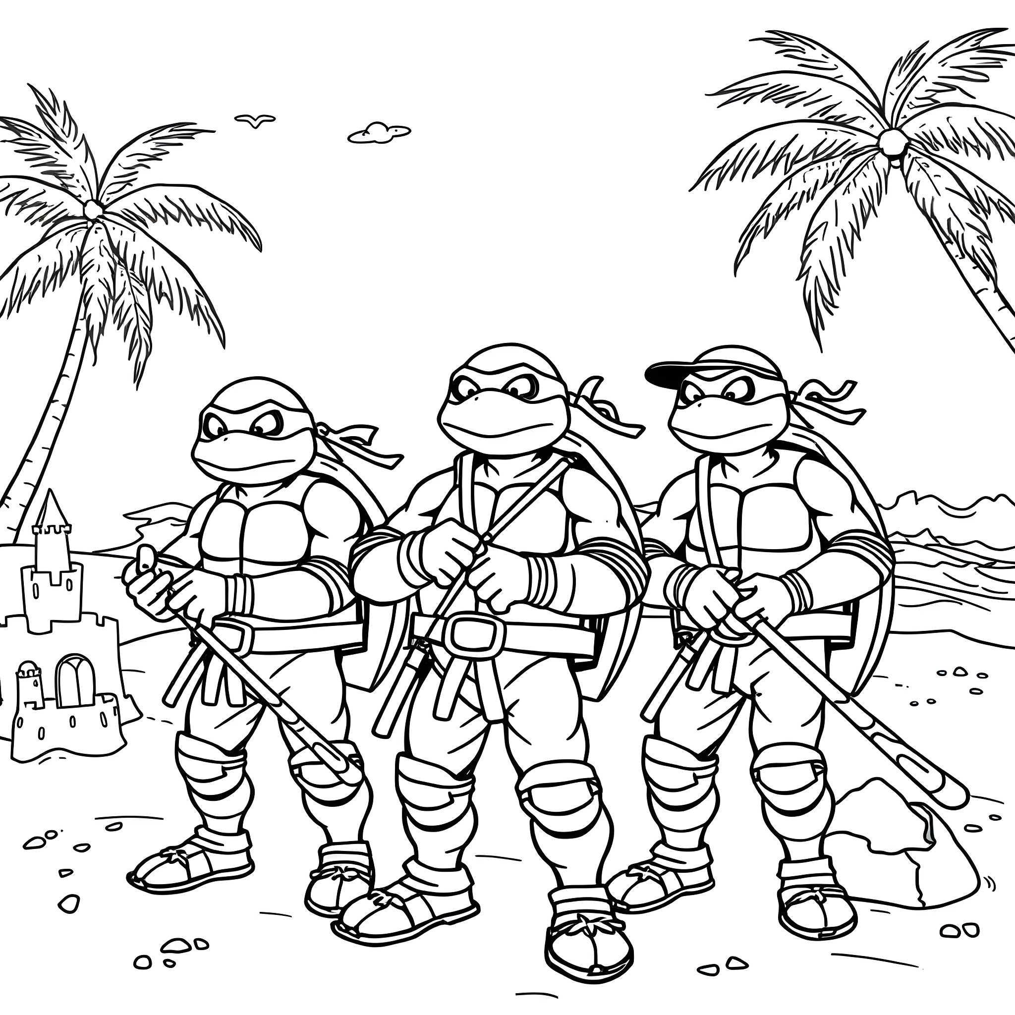 Ninja Turtles exploring tropical beach and castle Coloring Page (free black-and-white line drawing printable PDF for all, from beginners to advanced learners, including children, teens, adults, and seniors)
