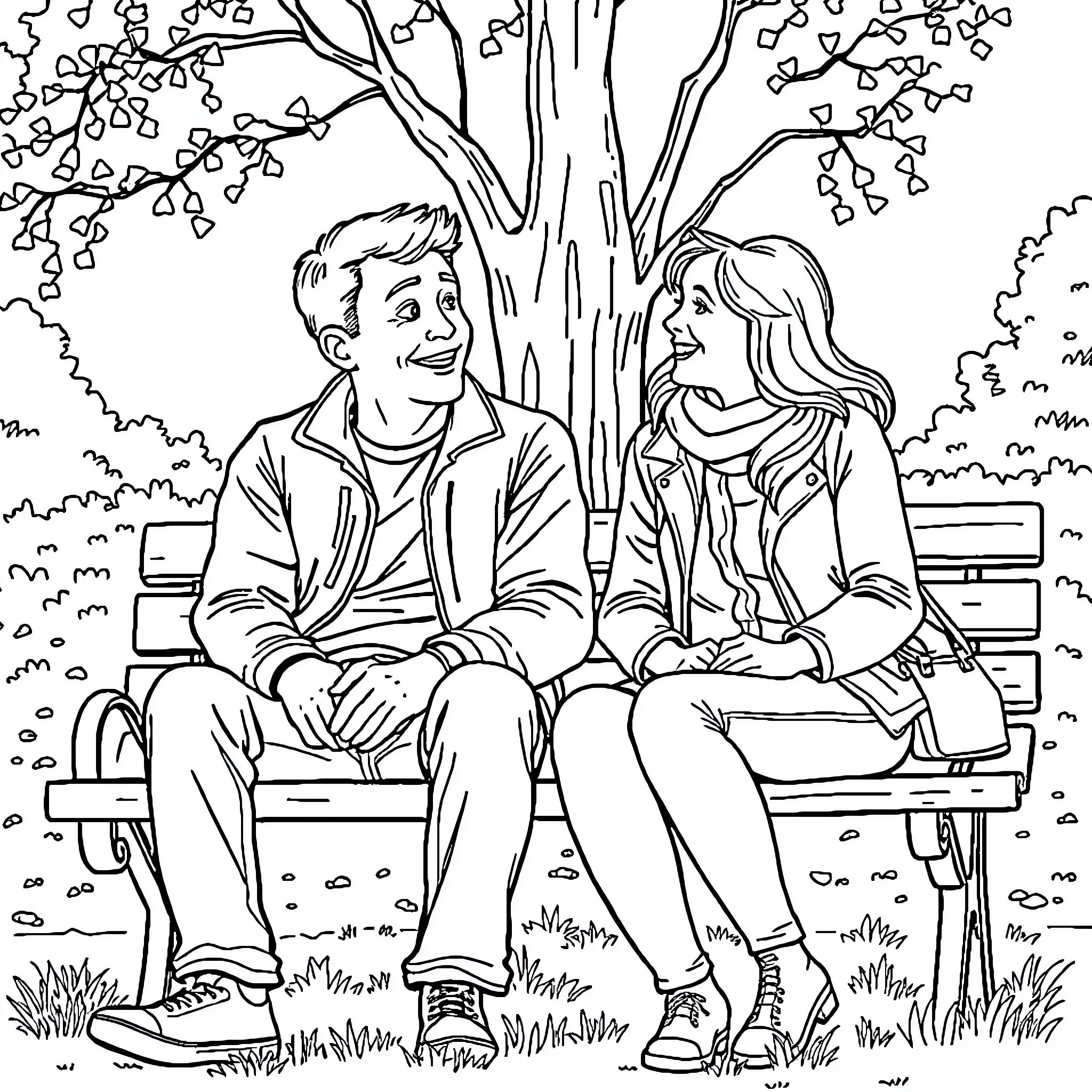 Steve's Lovely Conversation in the Park Coloring Page (free black-and-white line drawing printable PDF for all, from beginners to advanced learners, including children, teens, adults, and seniors)