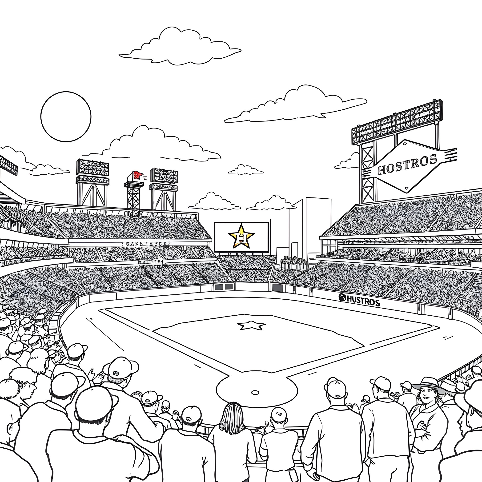 Stadium with crowd cheering at sports event Coloring Page (free black-and-white line drawing printable PDF for all, from beginners to advanced learners, including children, teens, adults, and seniors)