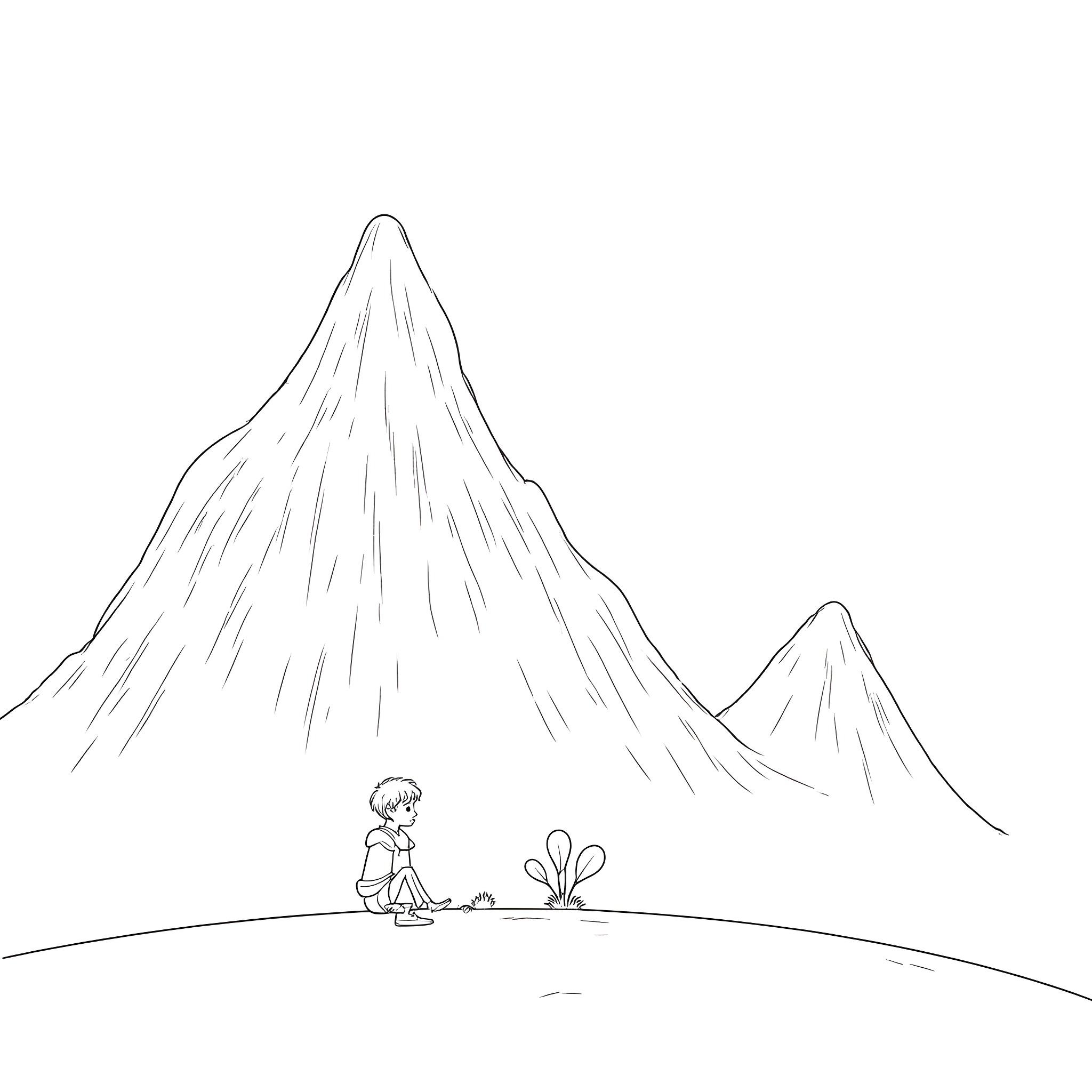 Mountain Hike with Flowers Coloring Page (free black-and-white line drawing printable PDF for all, from beginners to advanced learners, including children, teens, adults, and seniors)