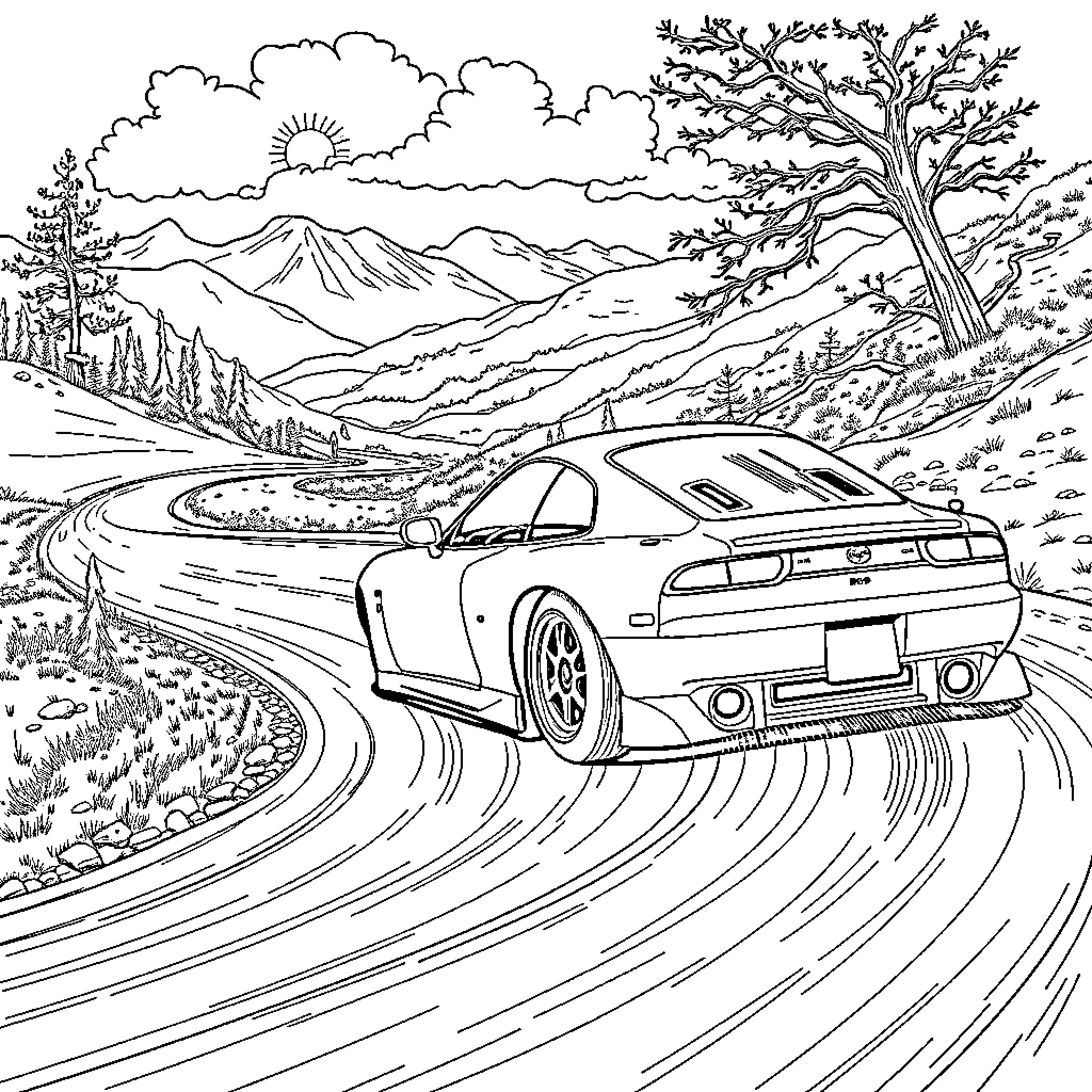 Mazda RX-7 speeding through scenic mountain road Coloring Page (free black-and-white line drawing printable PDF for all, from beginners to advanced learners, including children, teens, adults, and seniors)