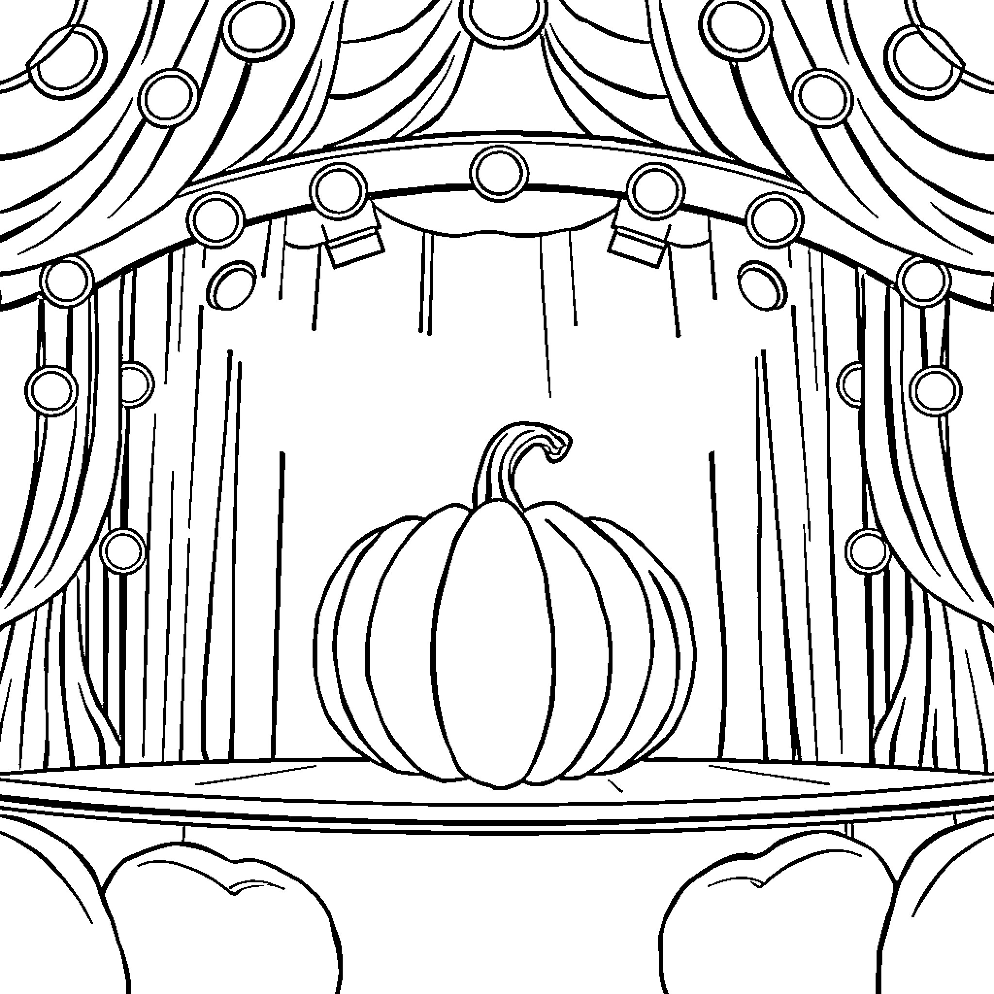 Pumpkin in the theatrical spotlight Coloring Page (free black-and-white line drawing printable PDF for all, from beginners to advanced learners, including children, teens, adults, and seniors)