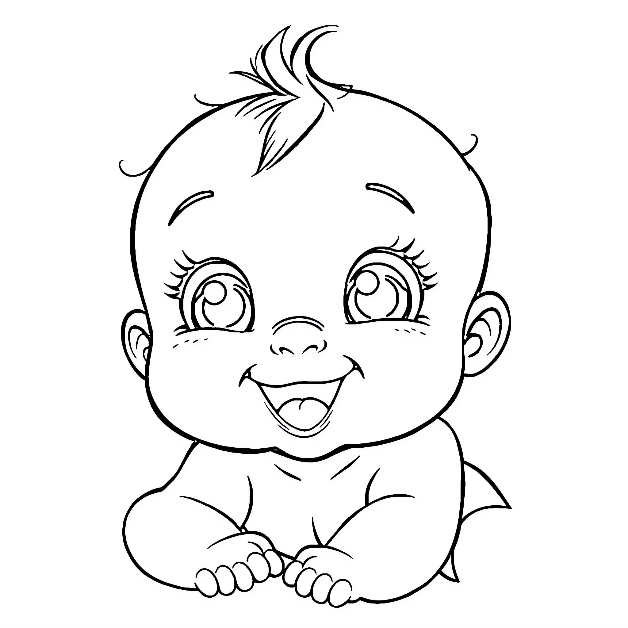 Baby Smiling Happily with Cute Expression Coloring Page (free black-and-white line drawing printable PDF for all, from beginners to advanced learners, including children, teens, adults, and seniors)