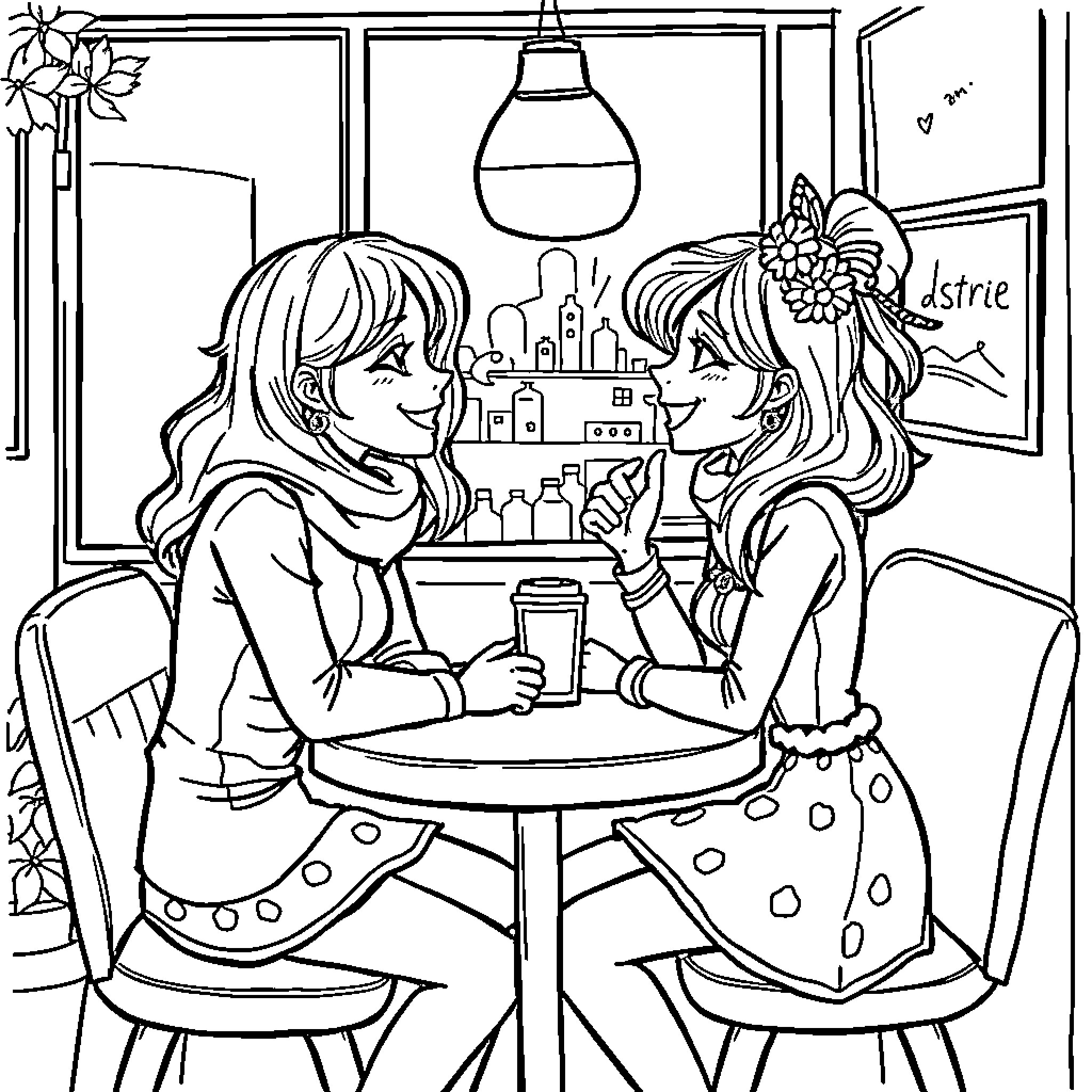 Asta's Cozy Cafe Conversation Coloring Page (free black-and-white line drawing printable PDF for all, from beginners to advanced learners, including children, teens, adults, and seniors)