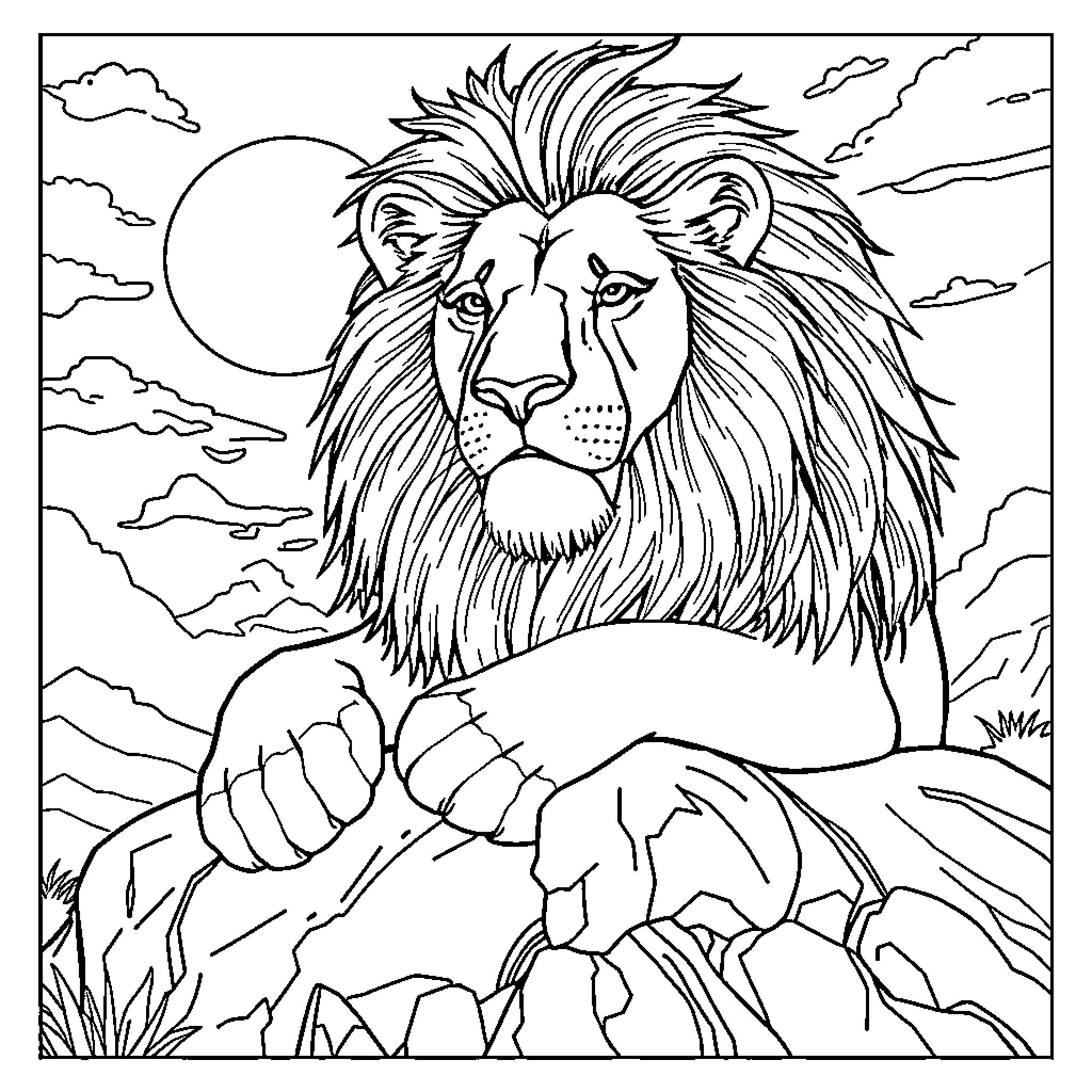 Lion resting on rocks with a majestic expression Coloring Page (free black-and-white line drawing printable PDF for all, from beginners to advanced learners, including children, teens, adults, and seniors)
