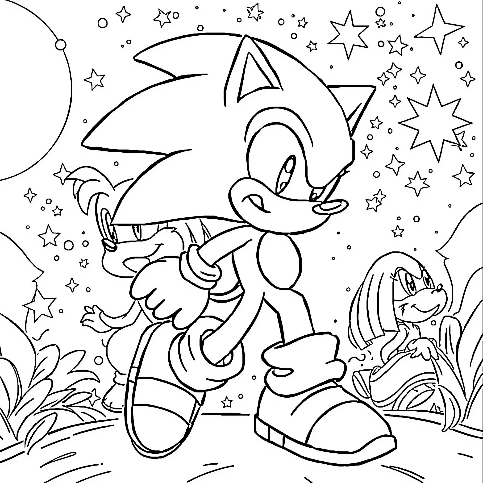Sonic racing through a starry night Coloring Page (free black-and-white line drawing printable PDF for all, from beginners to advanced learners, including children, teens, adults, and seniors)