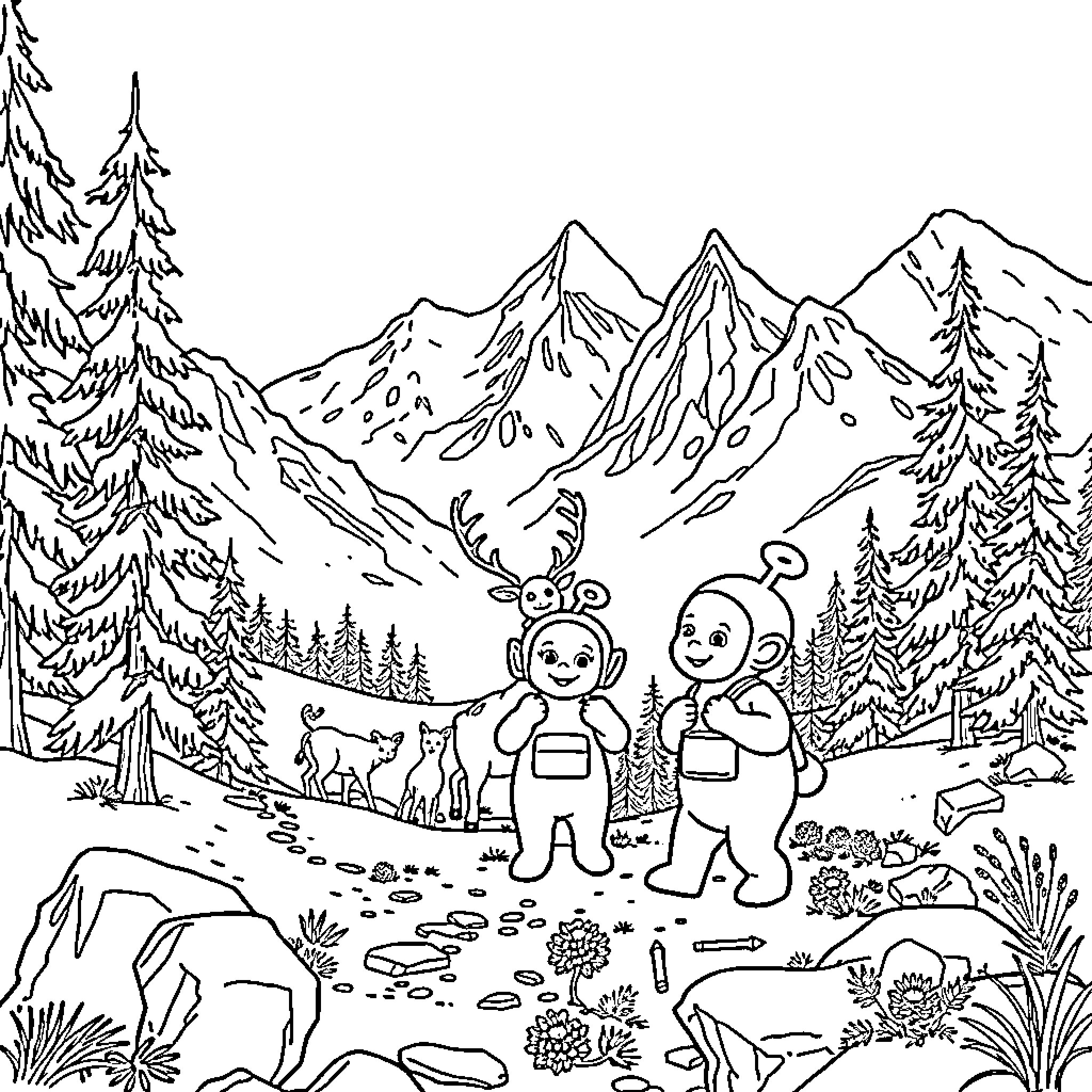 Teletubbies exploring snowy mountain scenery Coloring Page (free black-and-white line drawing printable PDF for all, from beginners to advanced learners, including children, teens, adults, and seniors)