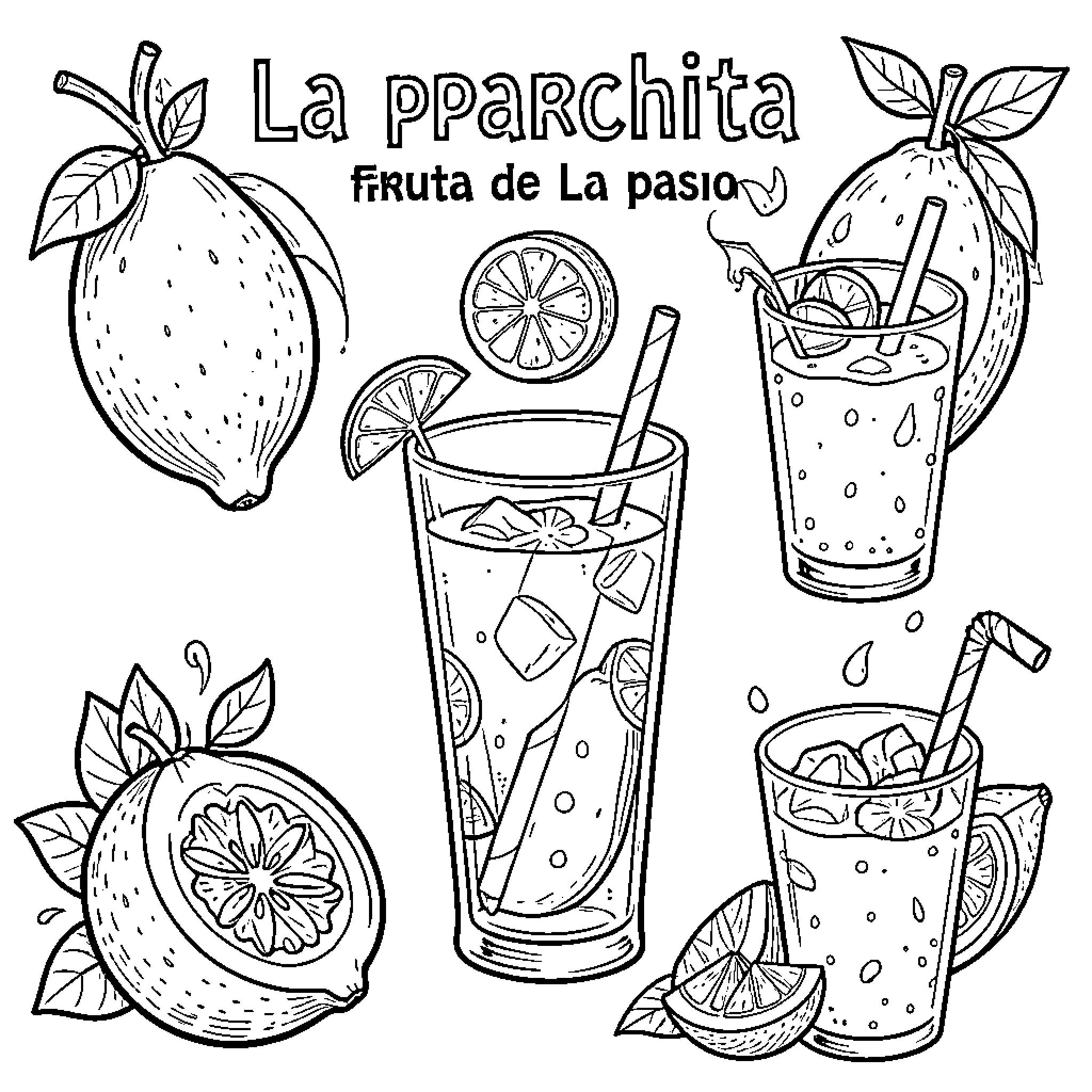 Passion Fruit and refreshing drinks with citrus slices Coloring Page (free black-and-white line drawing printable PDF for all, from beginners to advanced learners, including children, teens, adults, and seniors)