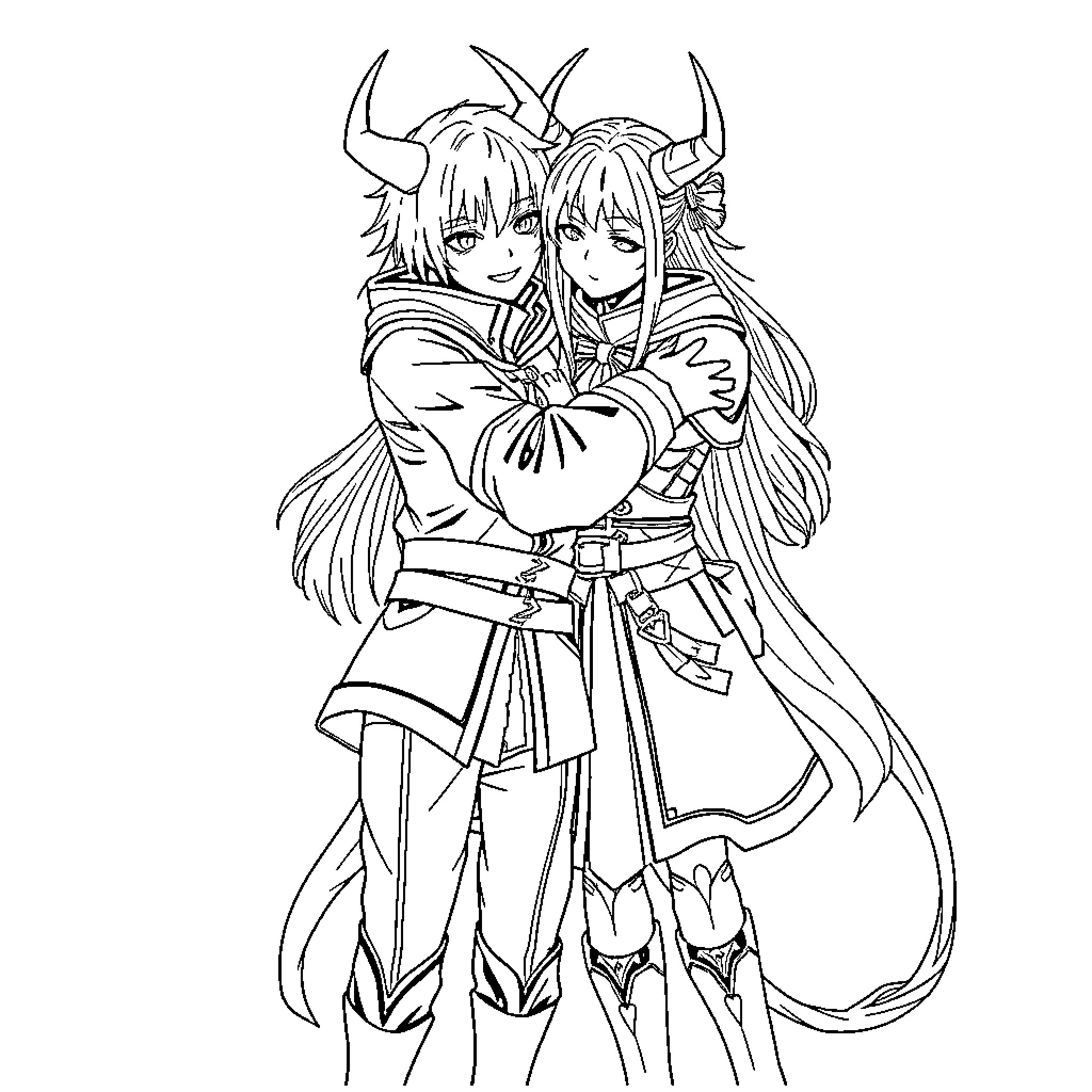 Genya's Unusual Duo in Fantastical Attire Coloring Page (free black-and-white line drawing printable PDF for all, from beginners to advanced learners, including children, teens, adults, and seniors)