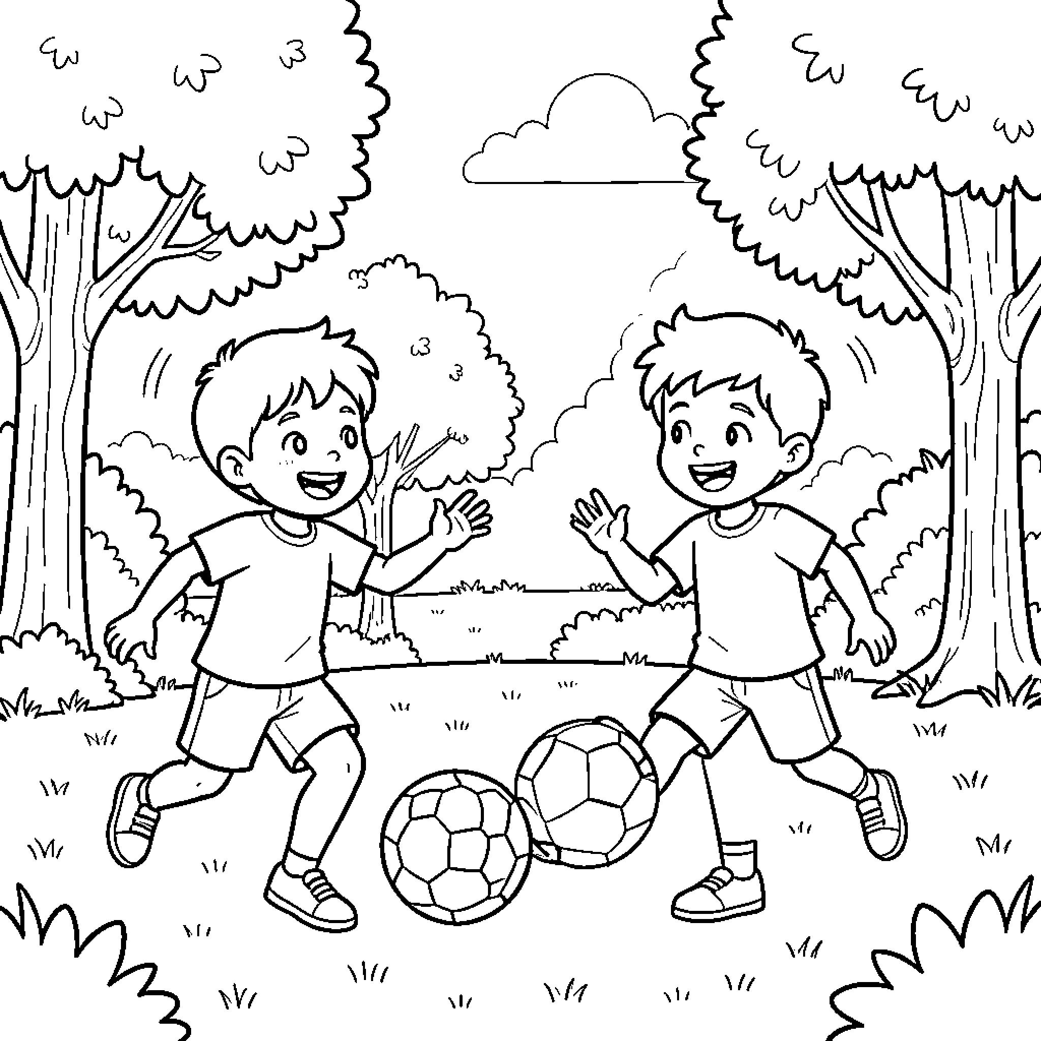 Children playing football in the park Coloring Page (free black-and-white line drawing printable PDF for all, from beginners to advanced learners, including children, teens, adults, and seniors)