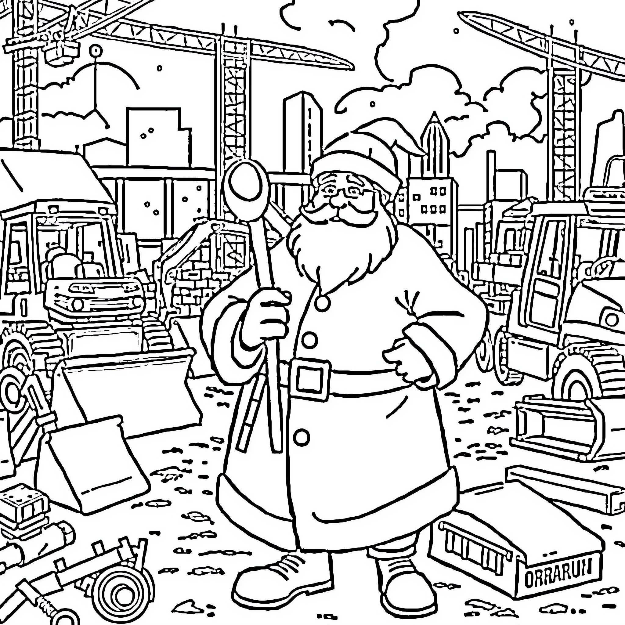 Santa Claus overseeing construction site with various tools and machinery Coloring Page (free black-and-white line drawing printable PDF for all, from beginners to advanced learners, including children, teens, adults, and seniors)