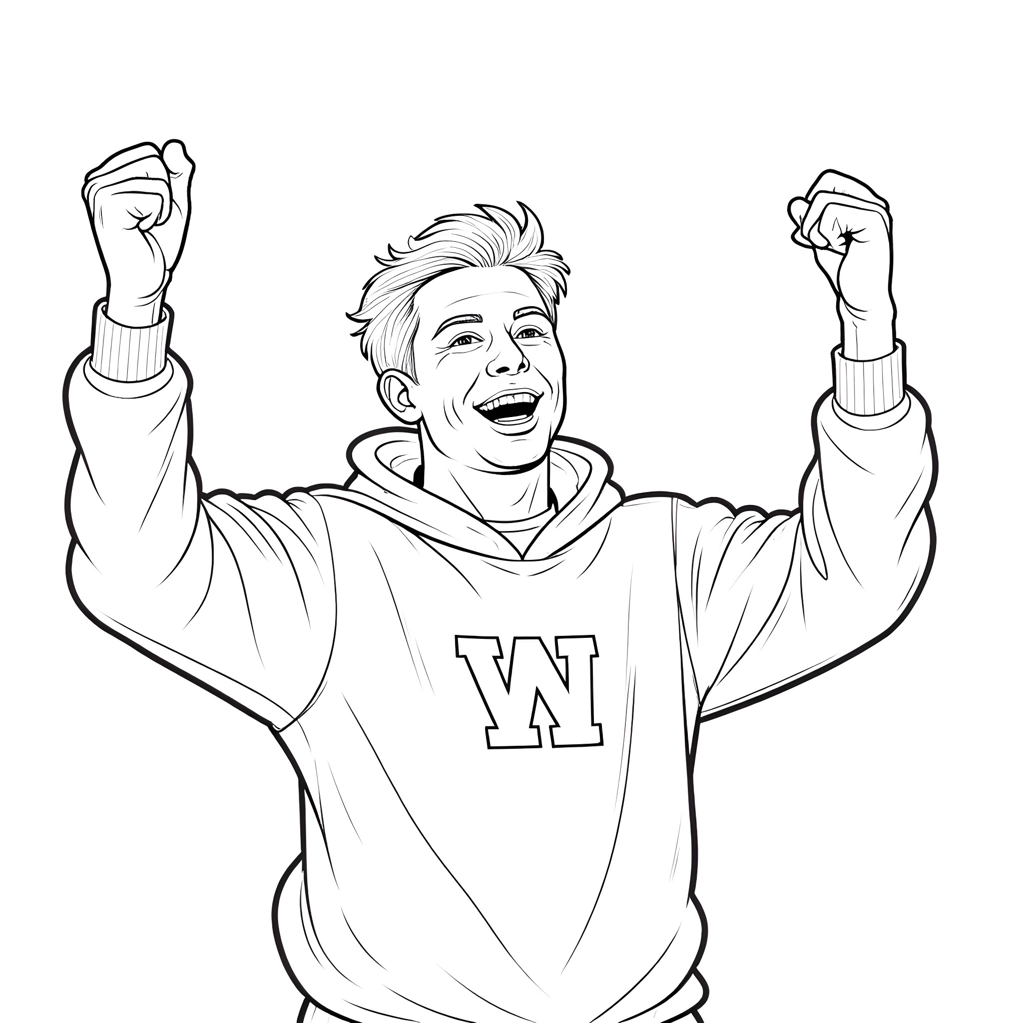 Guy in a hoodie celebrating with raised fists Coloring Page (free black-and-white line drawing printable PDF for all, from beginners to advanced learners, including children, teens, adults, and seniors)