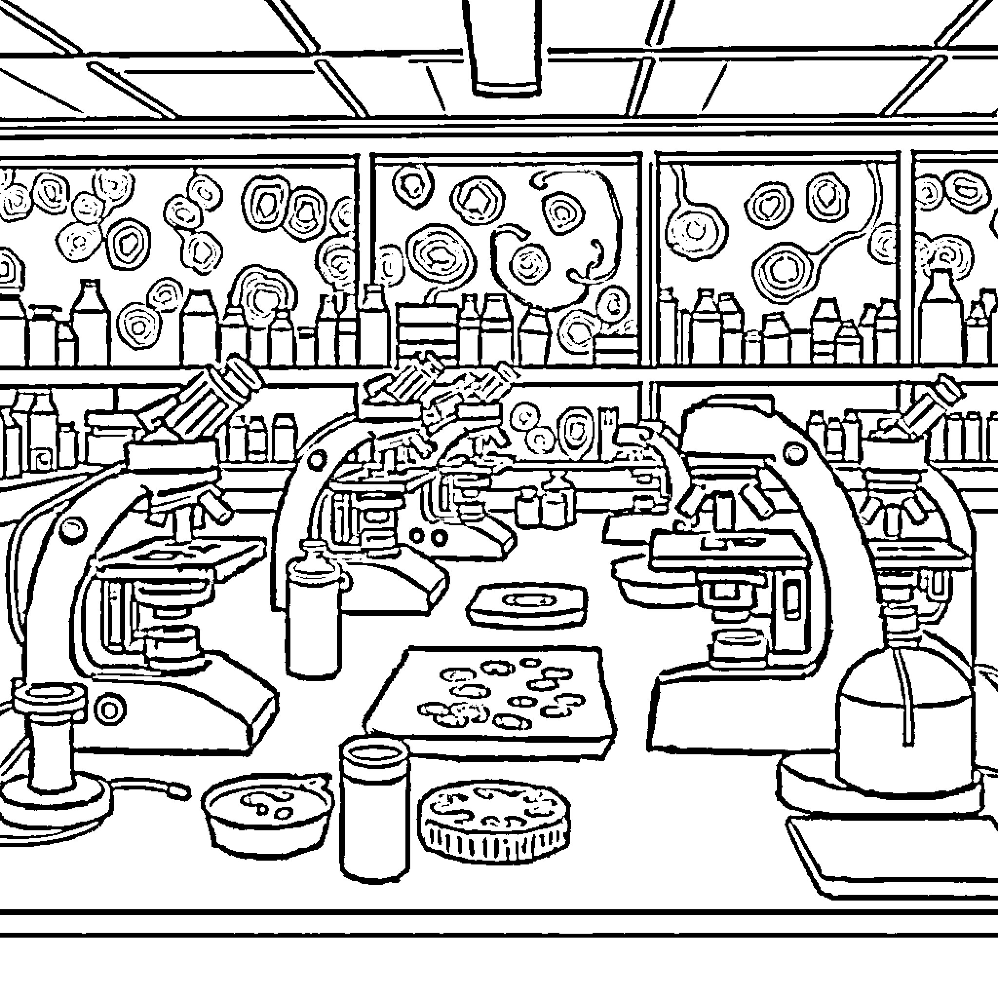 Histology Laboratory with Scientific Instruments and Specimens Coloring Page (free black-and-white line drawing printable PDF for all, from beginners to advanced learners, including children, teens, adults, and seniors)