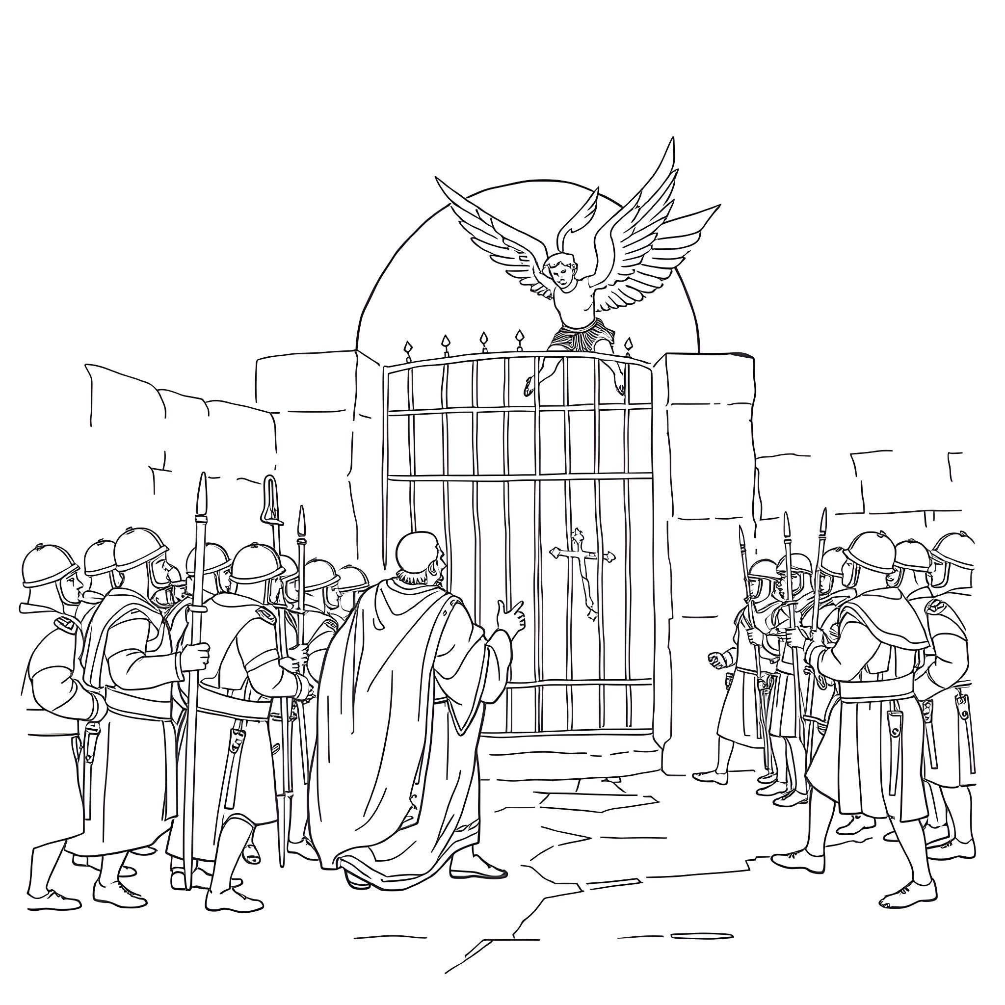 Acts of religious leaders and soldiers in a city gate Coloring Page (free black-and-white line drawing printable PDF for all, from beginners to advanced learners, including children, teens, adults, and seniors)