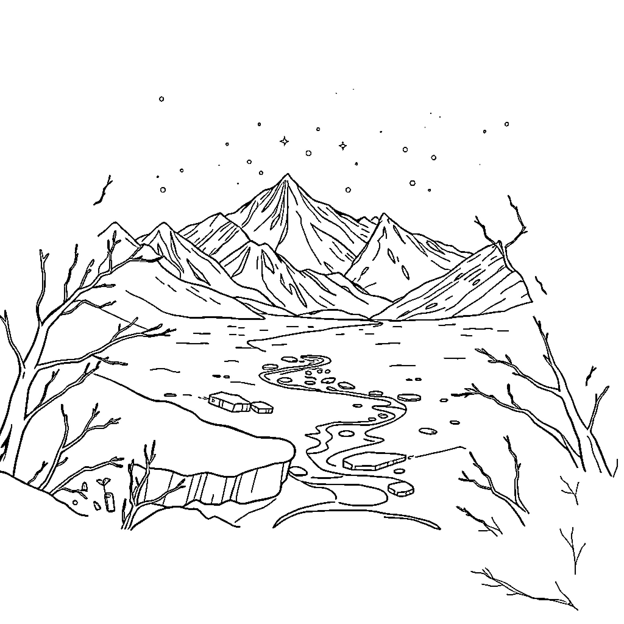 Frozen mountain landscape with a flowing stream Coloring Page (free black-and-white line drawing printable PDF for all, from beginners to advanced learners, including children, teens, adults, and seniors)