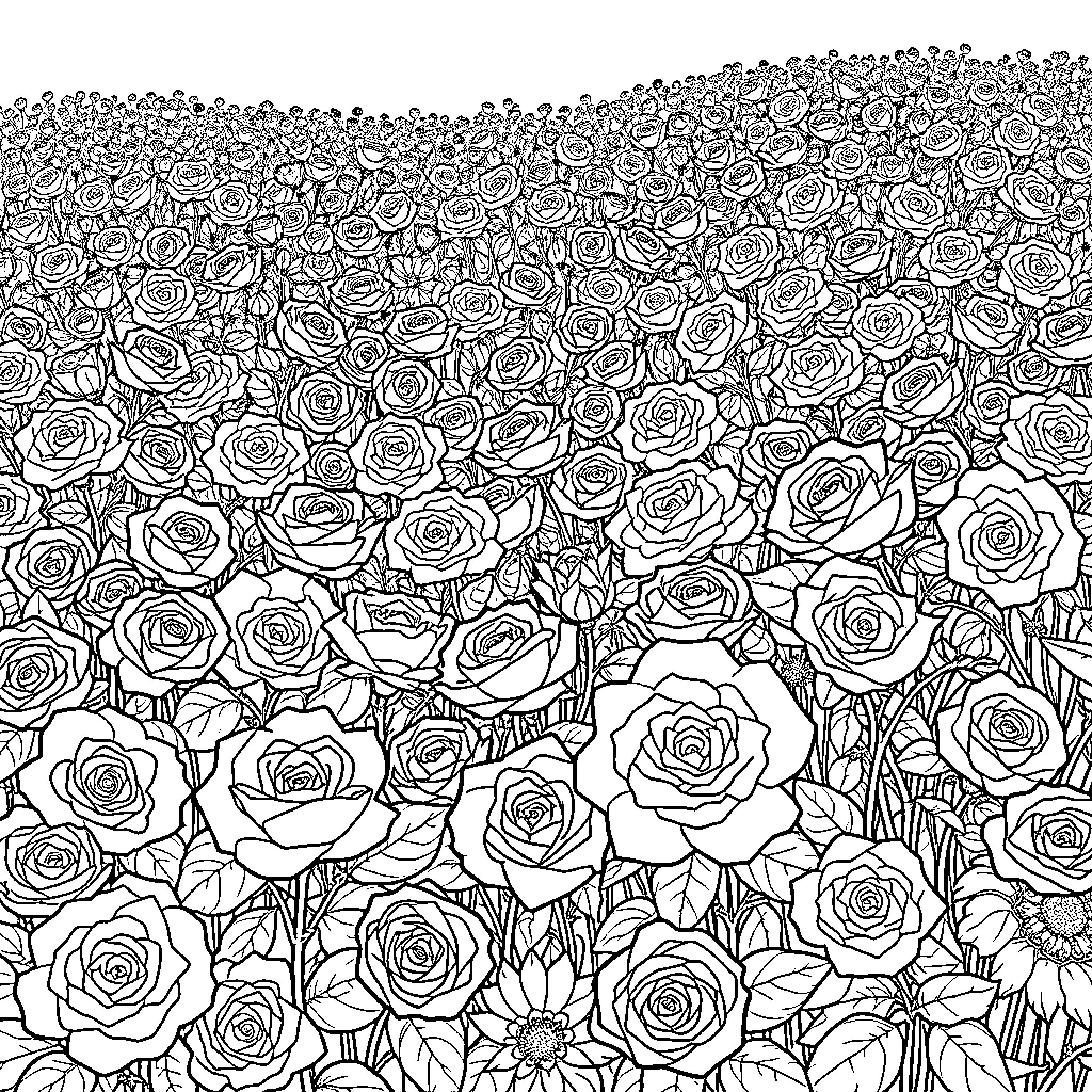 Rose Garden Filled with Intricate Floral Designs Coloring Page (free black-and-white line drawing printable PDF for all, from beginners to advanced learners, including children, teens, adults, and seniors)
