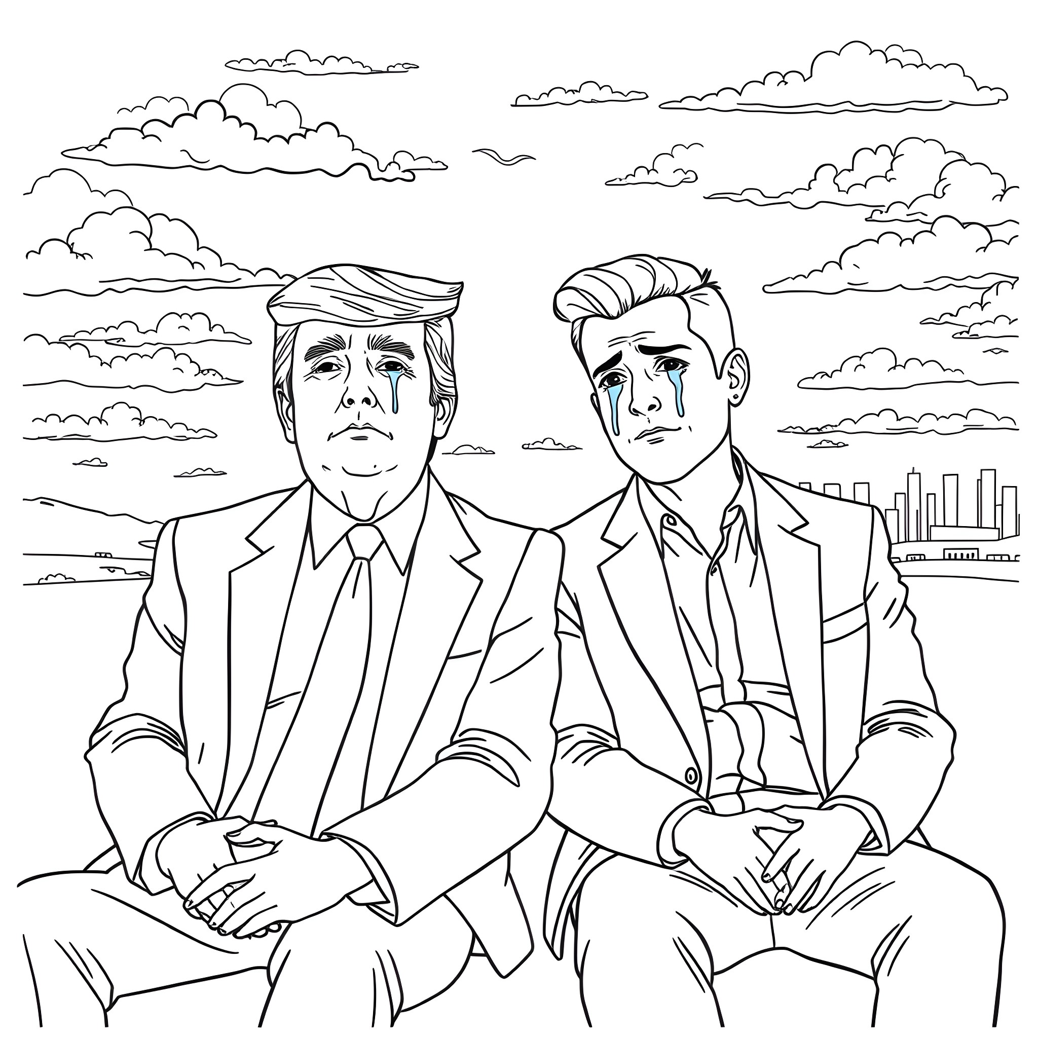 Trump and Elon in Formal Attire, Gazing Pensively Coloring Page (free black-and-white line drawing printable PDF for all, from beginners to advanced learners, including children, teens, adults, and seniors)