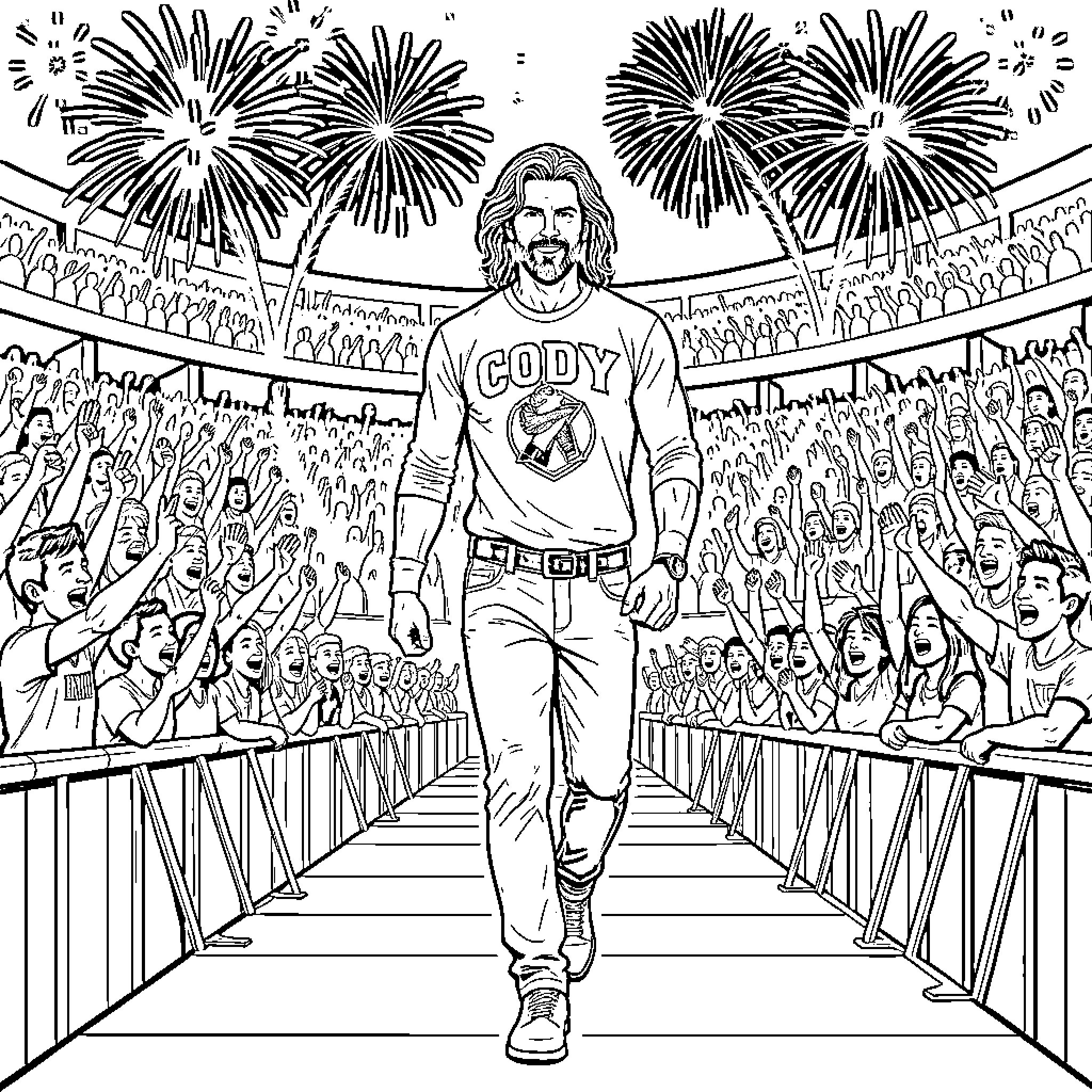 Cody Rhodes Enters the Cheering Crowd under Fireworks Coloring Page (free black-and-white line drawing printable PDF for all, from beginners to advanced learners, including children, teens, adults, and seniors)