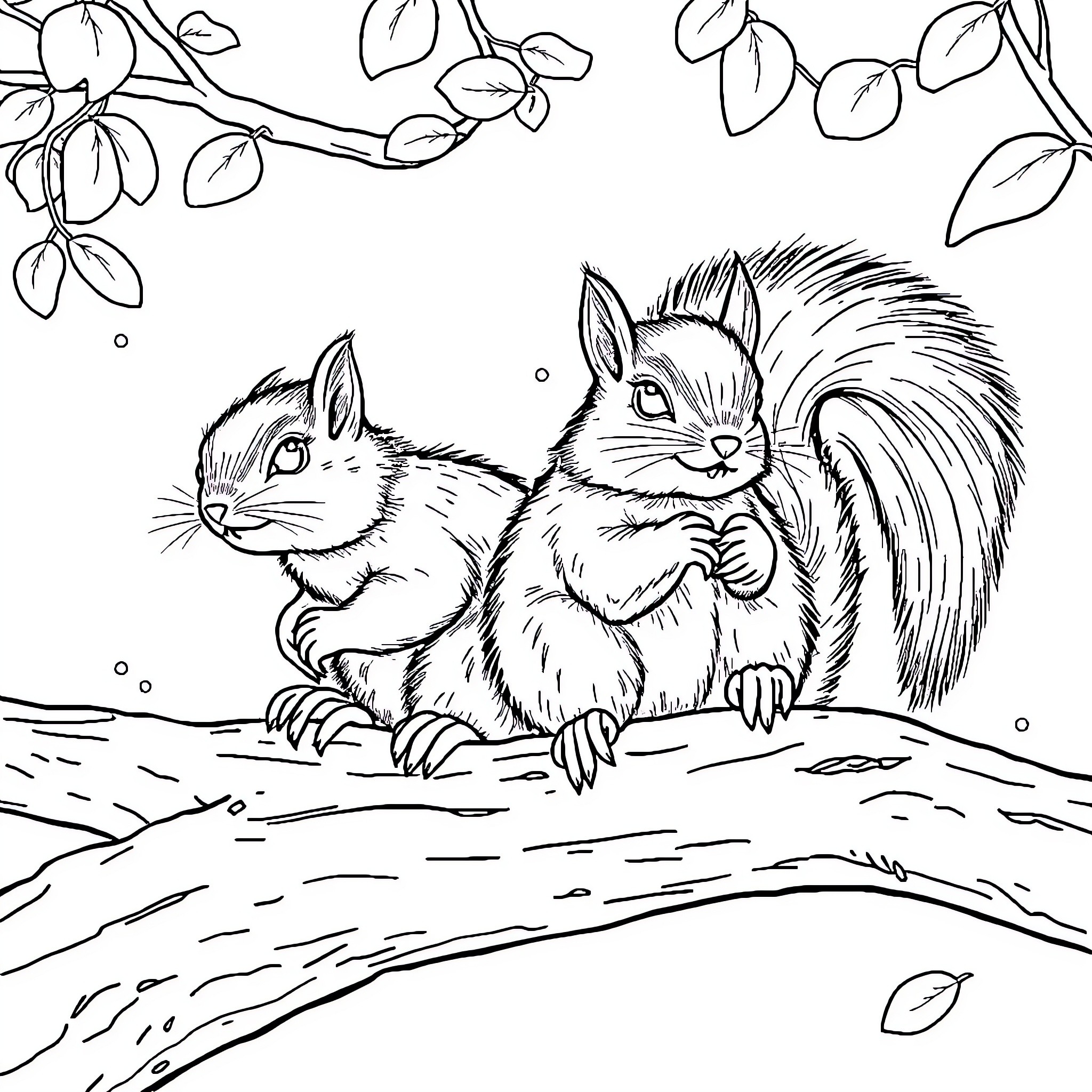 Squirrels frolicking among the leaves Coloring Page (free black-and-white line drawing printable PDF for all, from beginners to advanced learners, including children, teens, adults, and seniors)