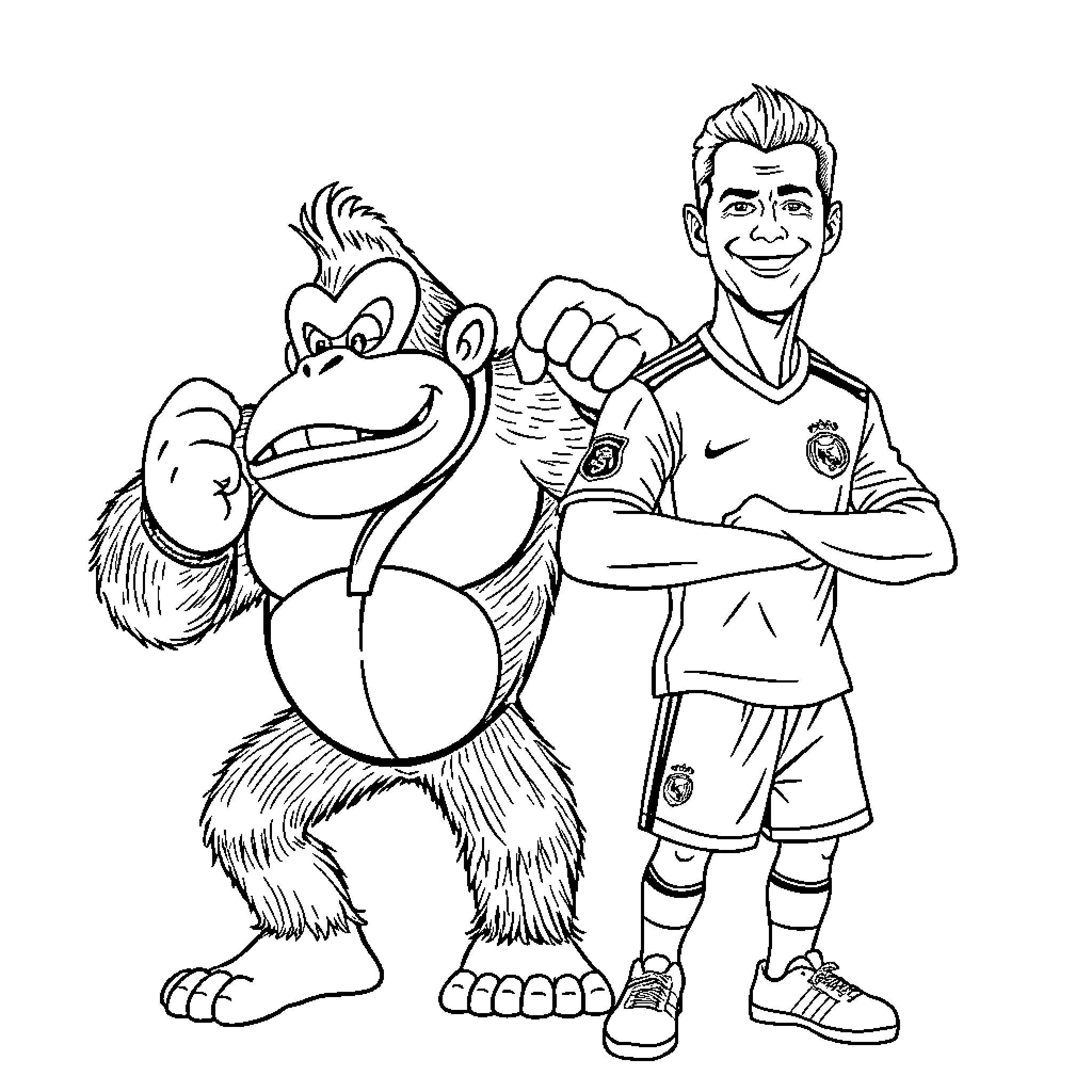 Donkey Kong and Real Madrid footballer posing together Coloring Page (free black-and-white line drawing printable PDF for all, from beginners to advanced learners, including children, teens, adults, and seniors)