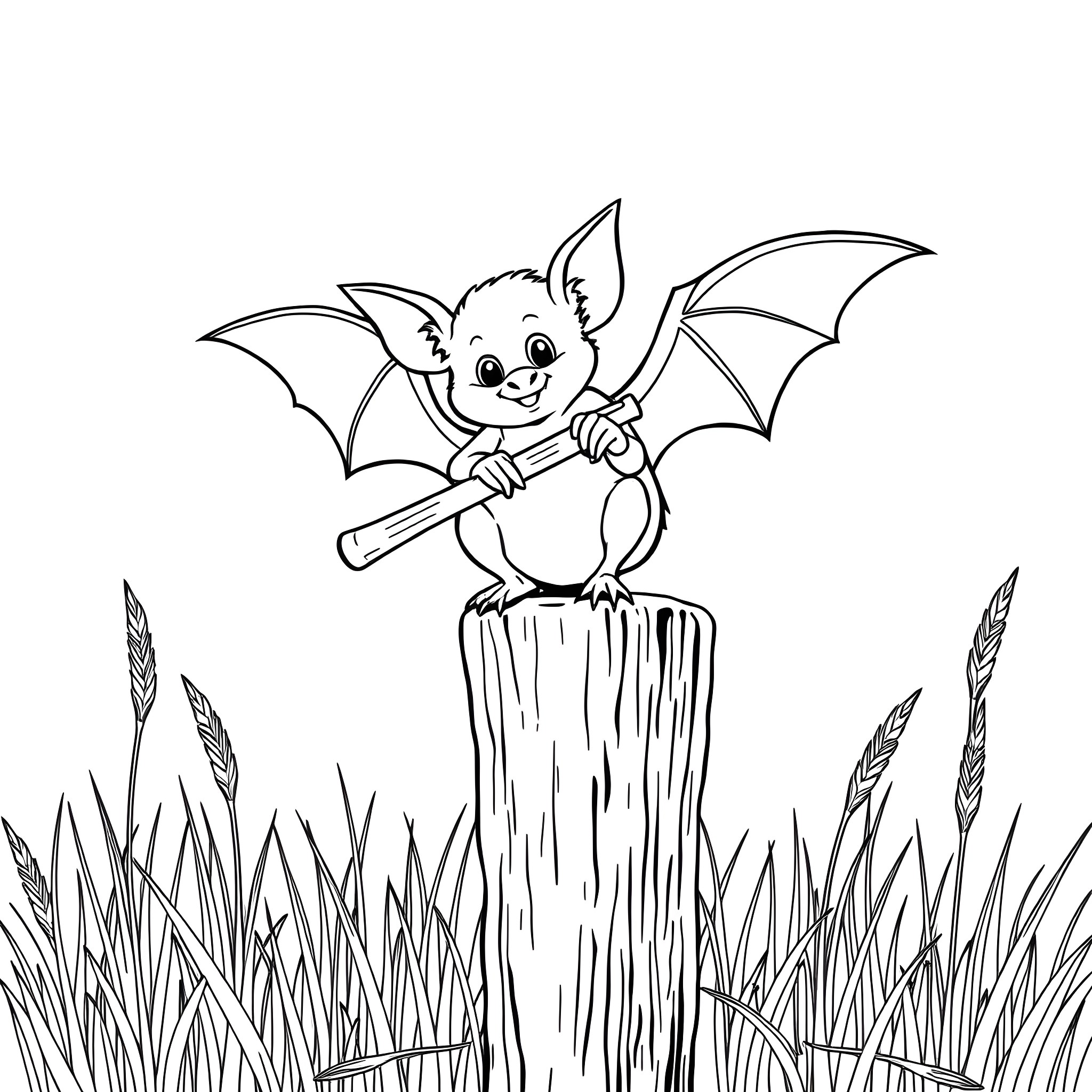 Bat perched on a tree stump in a grassy field Coloring Page (free black-and-white line drawing printable PDF for all, from beginners to advanced learners, including children, teens, adults, and seniors)