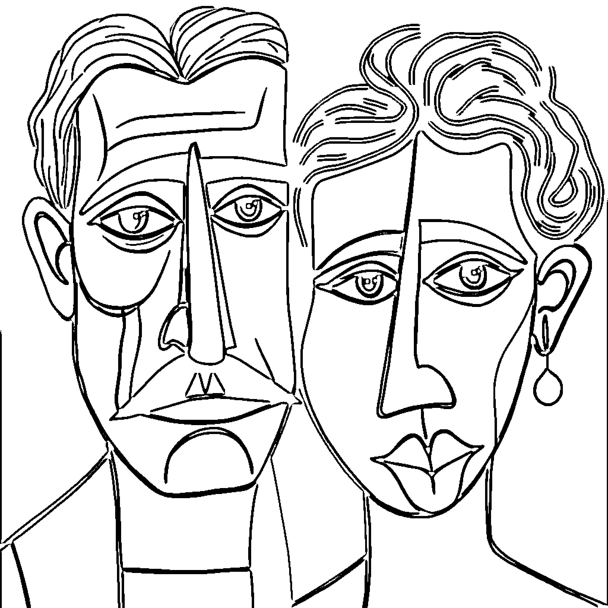 Portrait of two abstract faces Coloring Page (free black-and-white line drawing printable PDF for all, from beginners to advanced learners, including children, teens, adults, and seniors)