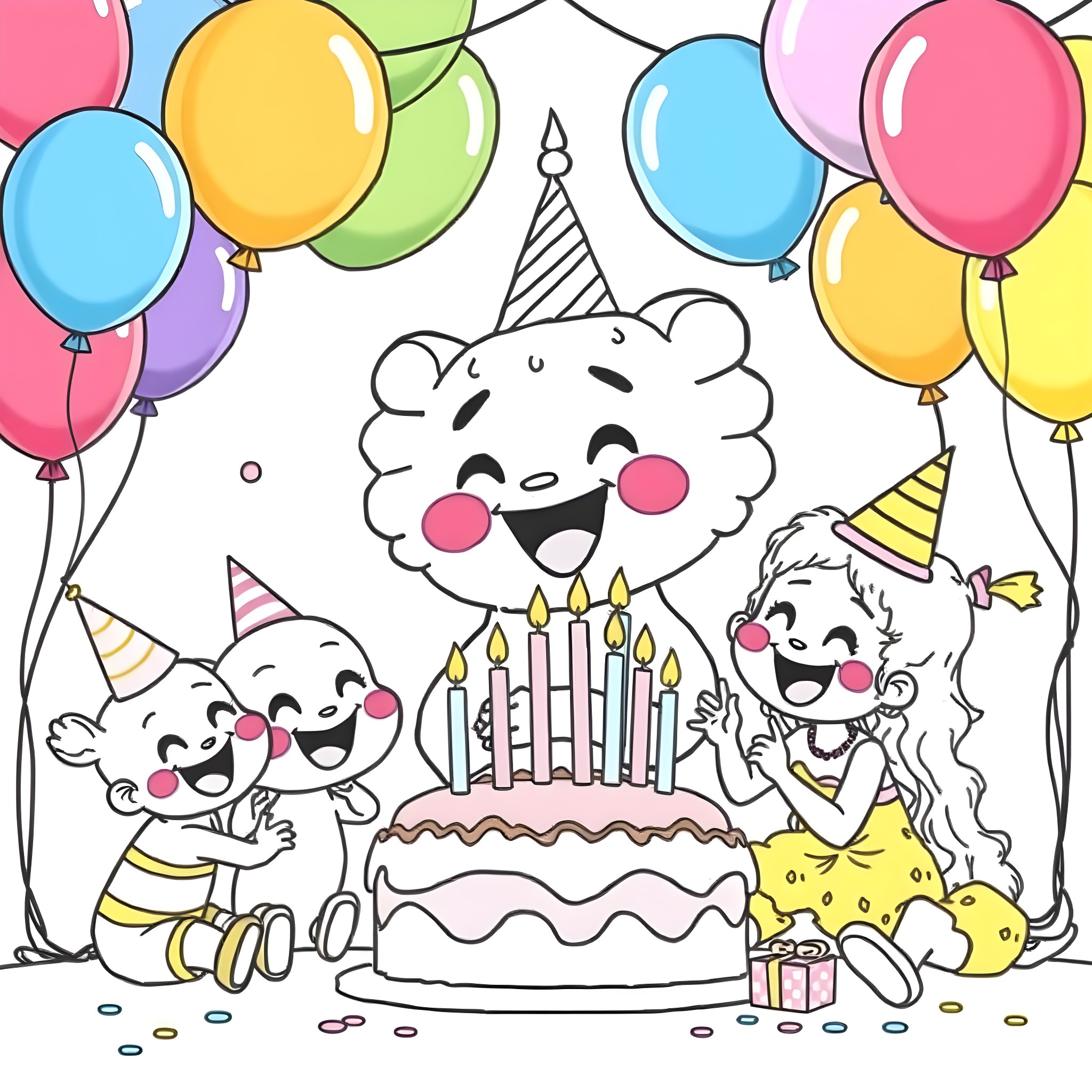 Labubu's Birthday Party with Colorful Balloons Coloring Page (free black-and-white line drawing printable PDF for all, from beginners to advanced learners, including children, teens, adults, and seniors)
