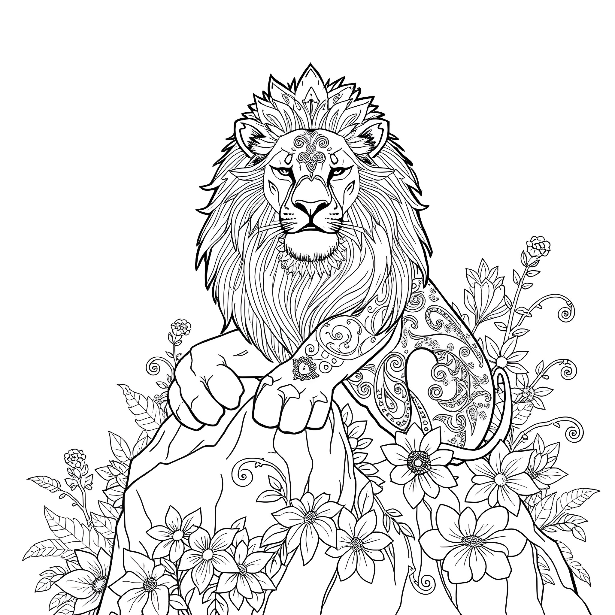 Lion with floral pattern and ornate details Coloring Page (free black-and-white line drawing printable PDF for all, from beginners to advanced learners, including children, teens, adults, and seniors)