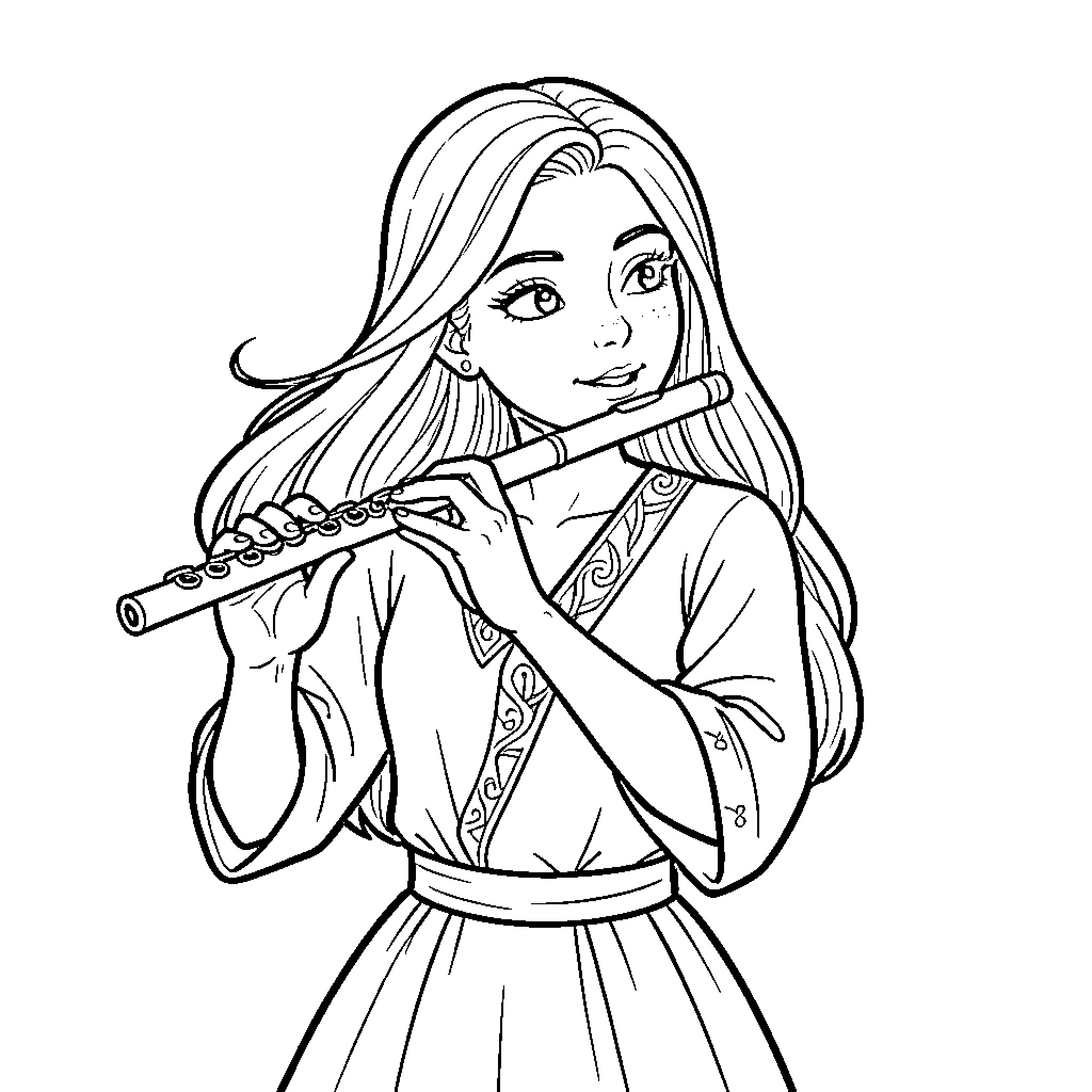 Clara playing a flute with a gentle expression Coloring Page (free black-and-white line drawing printable PDF for all, from beginners to advanced learners, including children, teens, adults, and seniors)