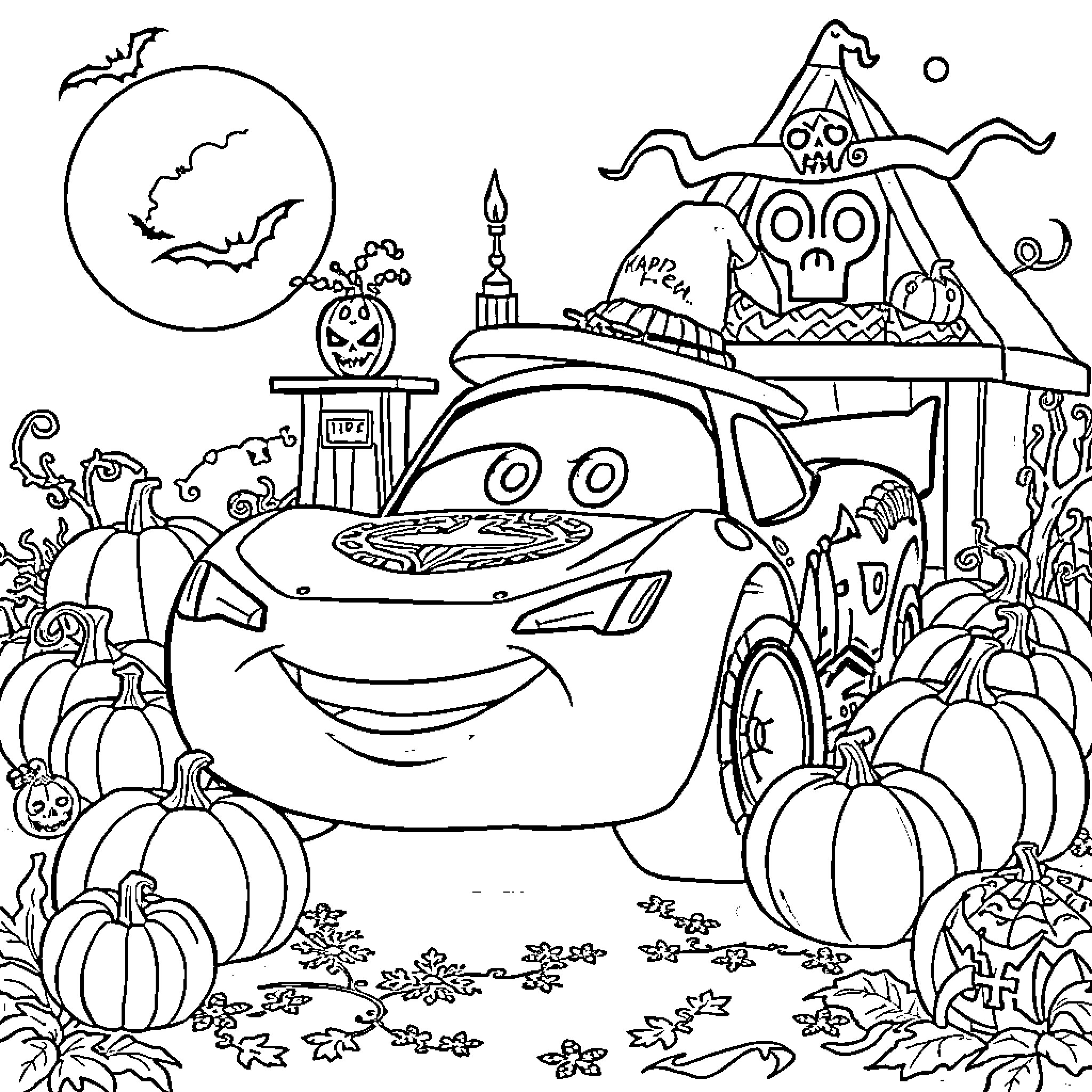 Lightning McQueen in a spooky Halloween scene Coloring Page (free black-and-white line drawing printable PDF for all, from beginners to advanced learners, including children, teens, adults, and seniors)
