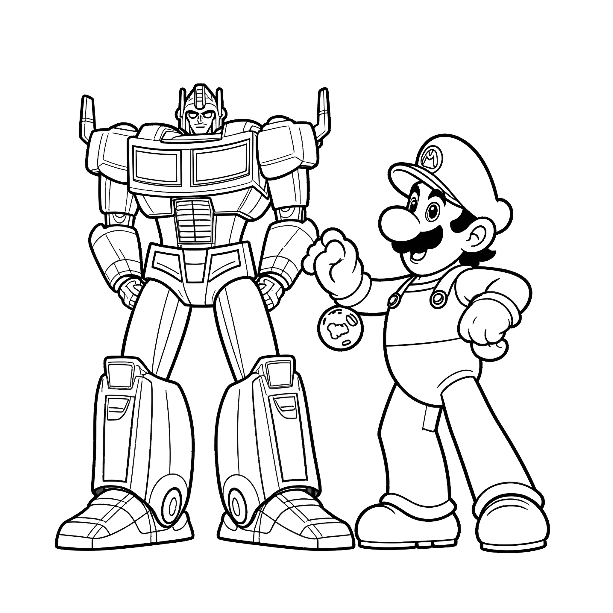 Optimus Prime and Mario in a Friendly Encounter Coloring Page (free black-and-white line drawing printable PDF for all, from beginners to advanced learners, including children, teens, adults, and seniors)