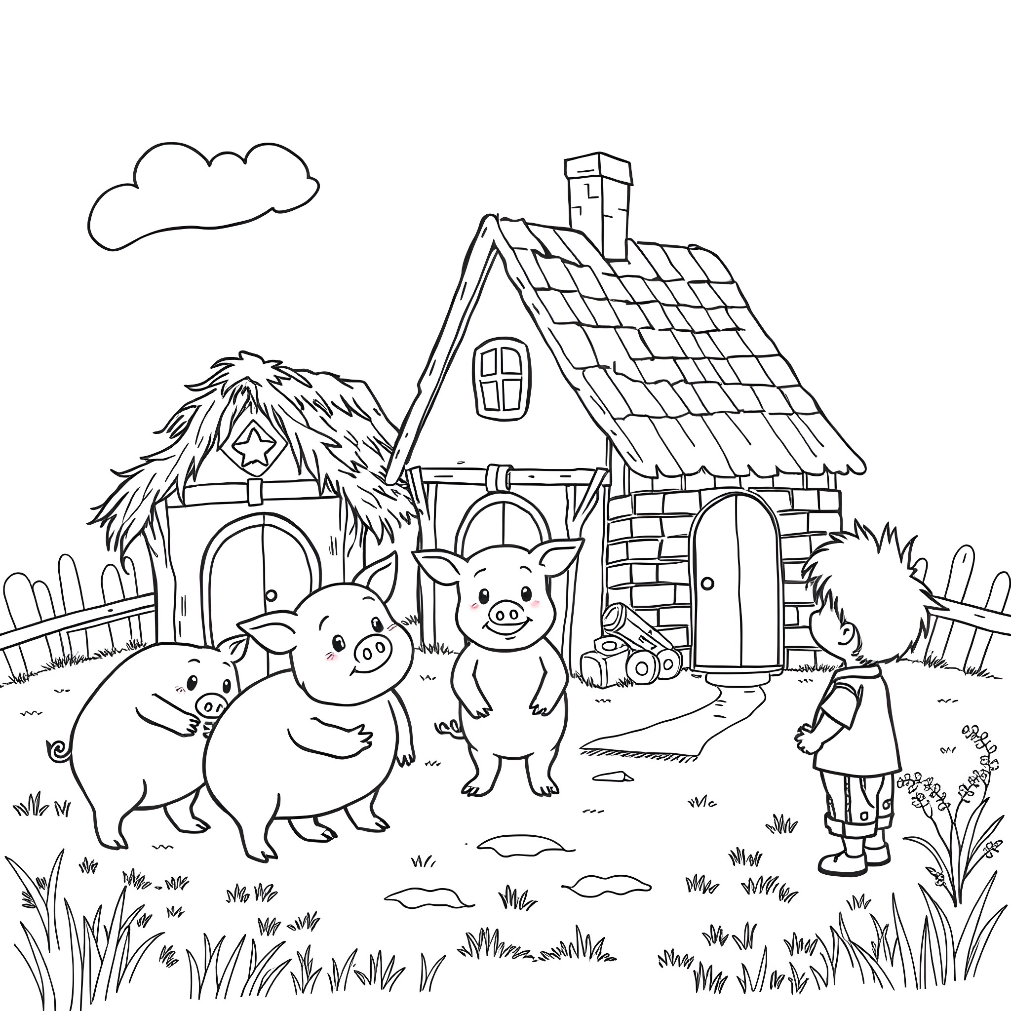 Pigs playing joyfully near a cozy farmhouse Coloring Page (free black-and-white line drawing printable PDF for all, from beginners to advanced learners, including children, teens, adults, and seniors)