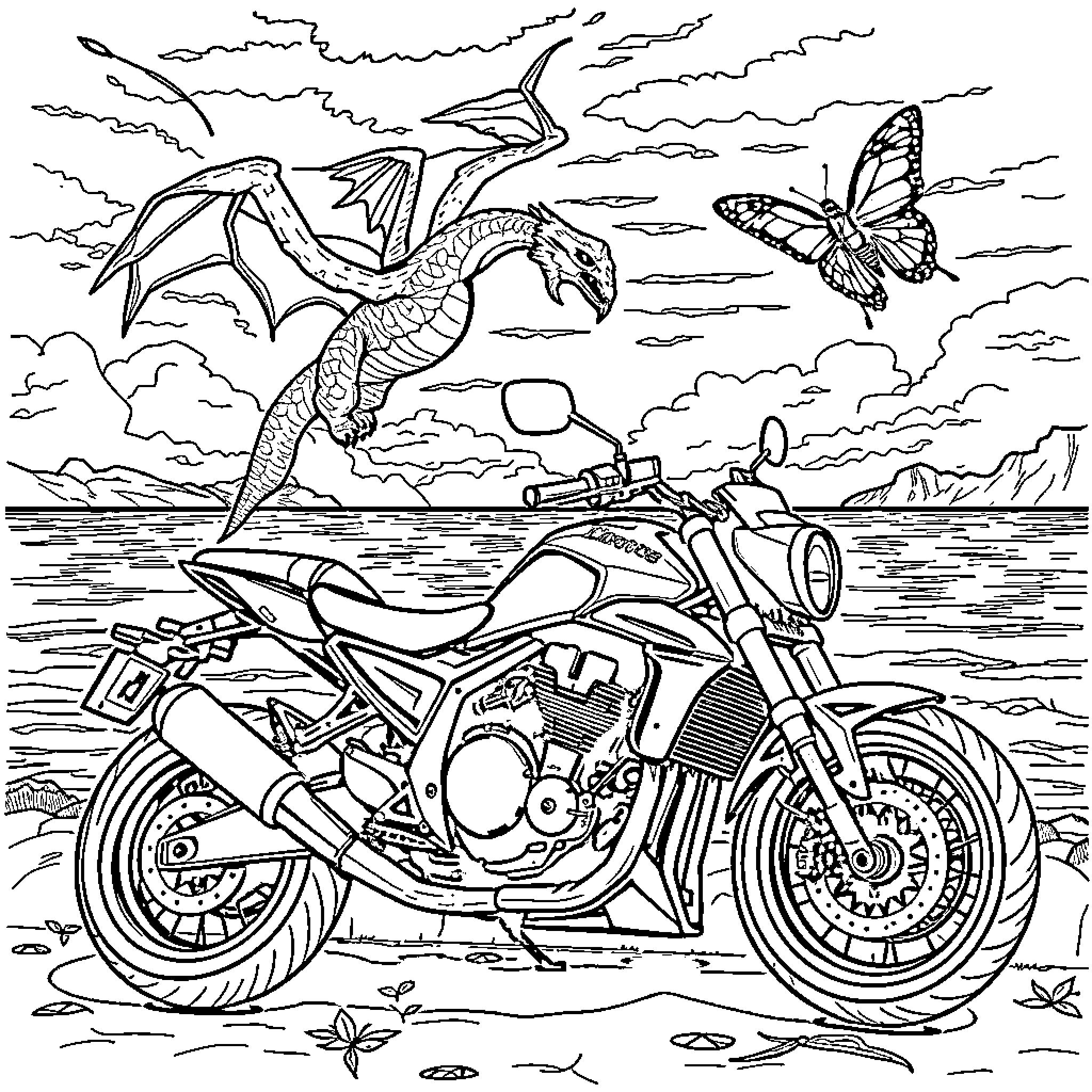 Motorcycle soaring over a fantastical landscape Coloring Page (free black-and-white line drawing printable PDF for all, from beginners to advanced learners, including children, teens, adults, and seniors)