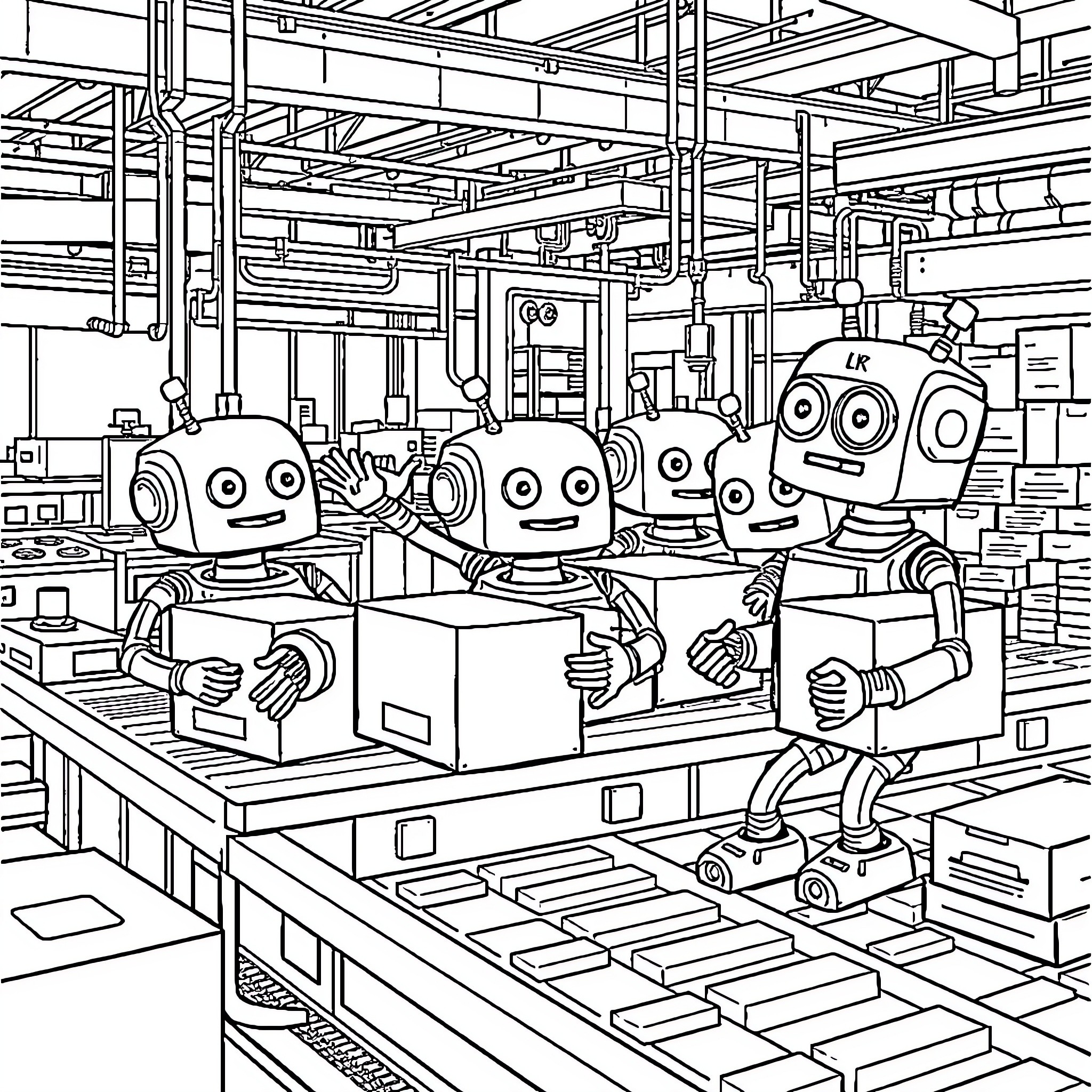 Robot Factory Workers Assembling Robots on Conveyor Belt Coloring Page (free black-and-white line drawing printable PDF for all, from beginners to advanced learners, including children, teens, adults, and seniors)