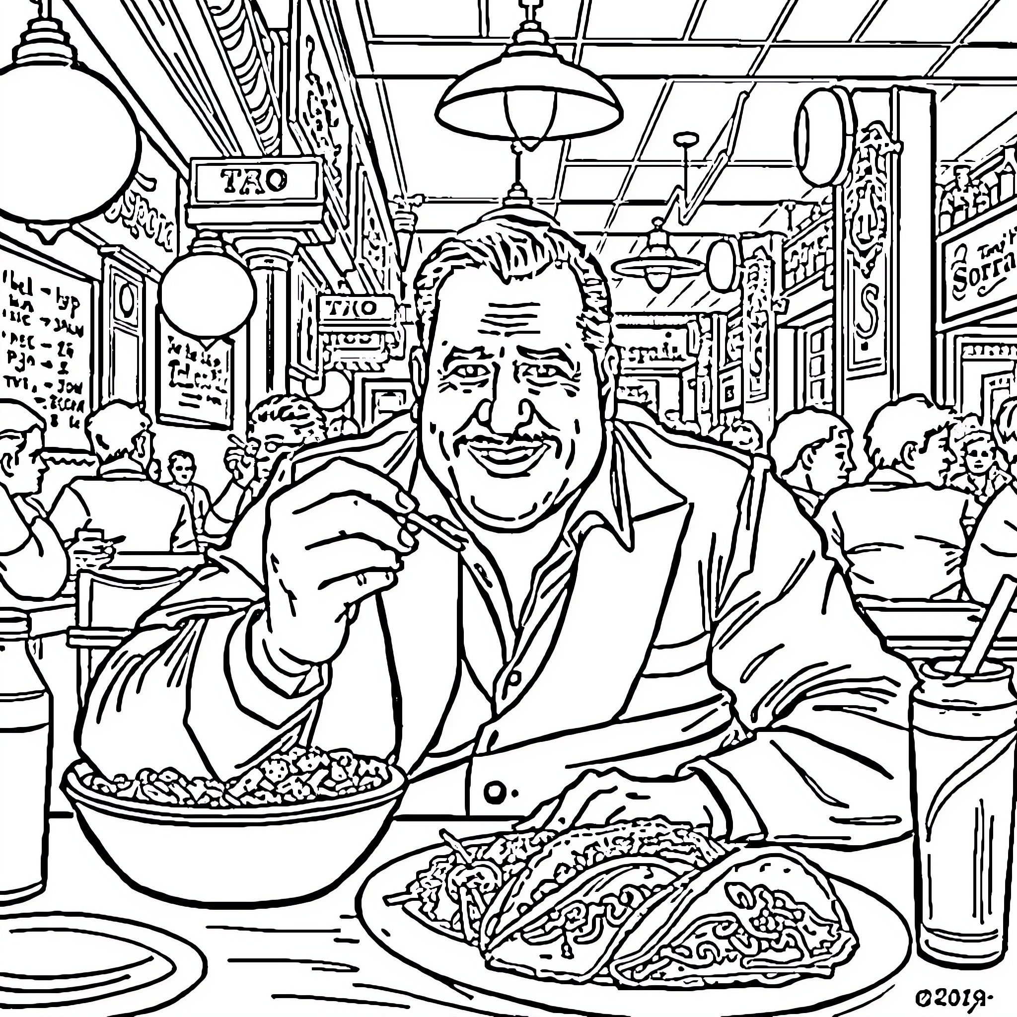 Tony Soprano Enjoying a Meal in a Busy Diner Coloring Page (free black-and-white line drawing printable PDF for all, from beginners to advanced learners, including children, teens, adults, and seniors)