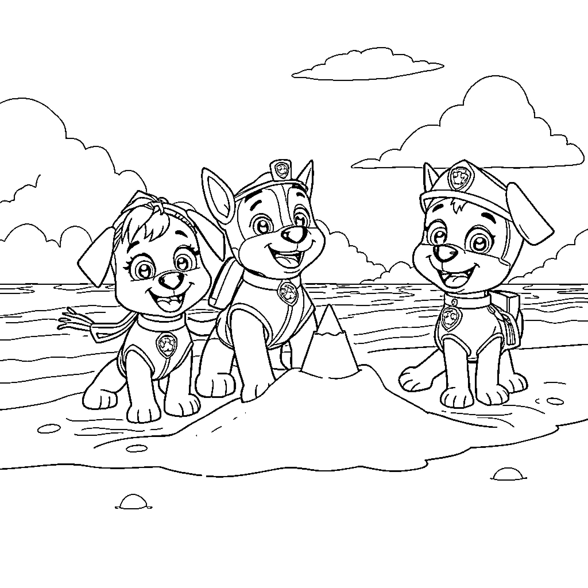Paw Patrol Pups Enjoy Seaside Adventure Coloring Page (free black-and-white line drawing printable PDF for all, from beginners to advanced learners, including children, teens, adults, and seniors)