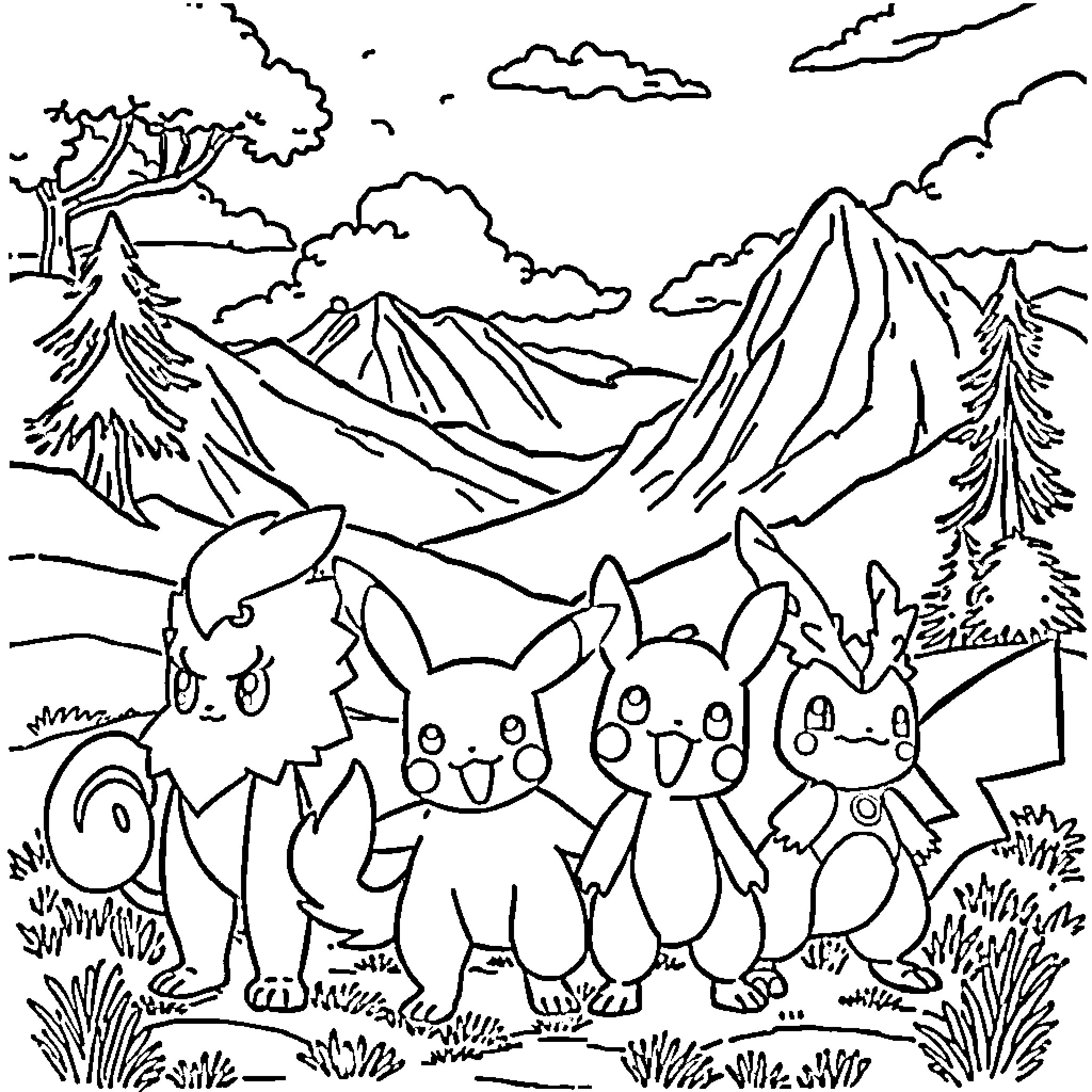 Pokémon exploring the wilderness with mountains Coloring Page (free black-and-white line drawing printable PDF for all, from beginners to advanced learners, including children, teens, adults, and seniors)