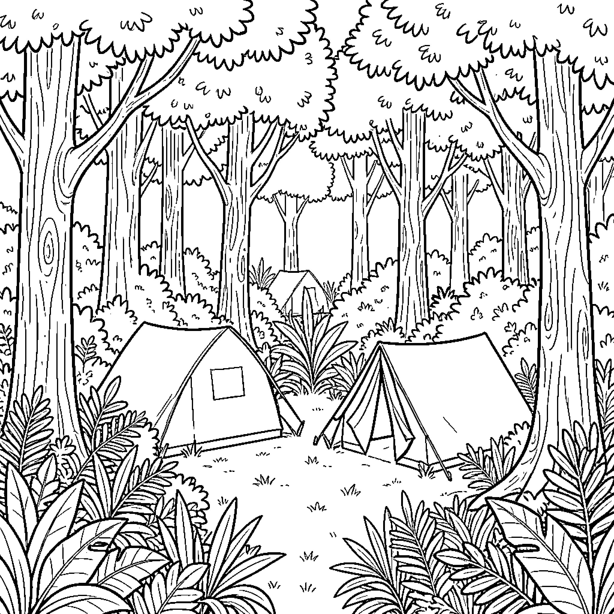 Jungle Camp with tents nestled among dense trees Coloring Page (free black-and-white line drawing printable PDF for all, from beginners to advanced learners, including children, teens, adults, and seniors)