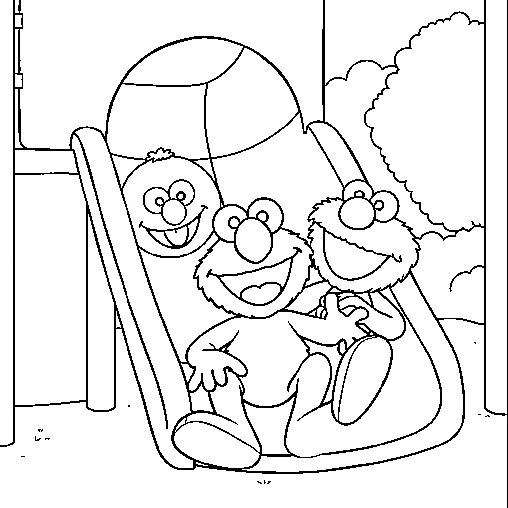Bingo with Friendly Elmo and Grover Puppets Coloring Page (free black-and-white line drawing printable PDF for all, from beginners to advanced learners, including children, teens, adults, and seniors)