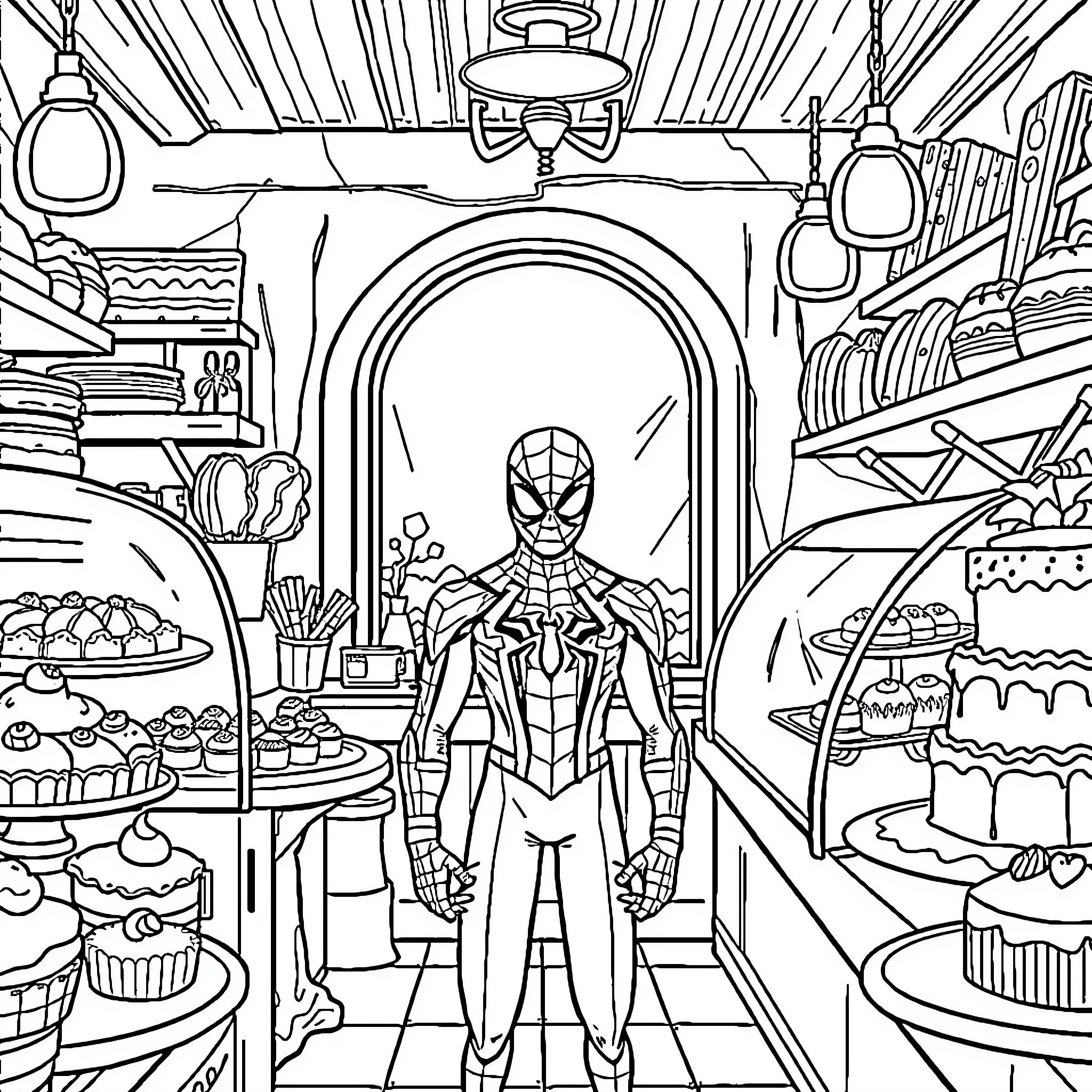 Spider-Man in his Web-Slinging Pose in a Cluttered Workshop Coloring Page (free black-and-white line drawing printable PDF for all, from beginners to advanced learners, including children, teens, adults, and seniors)