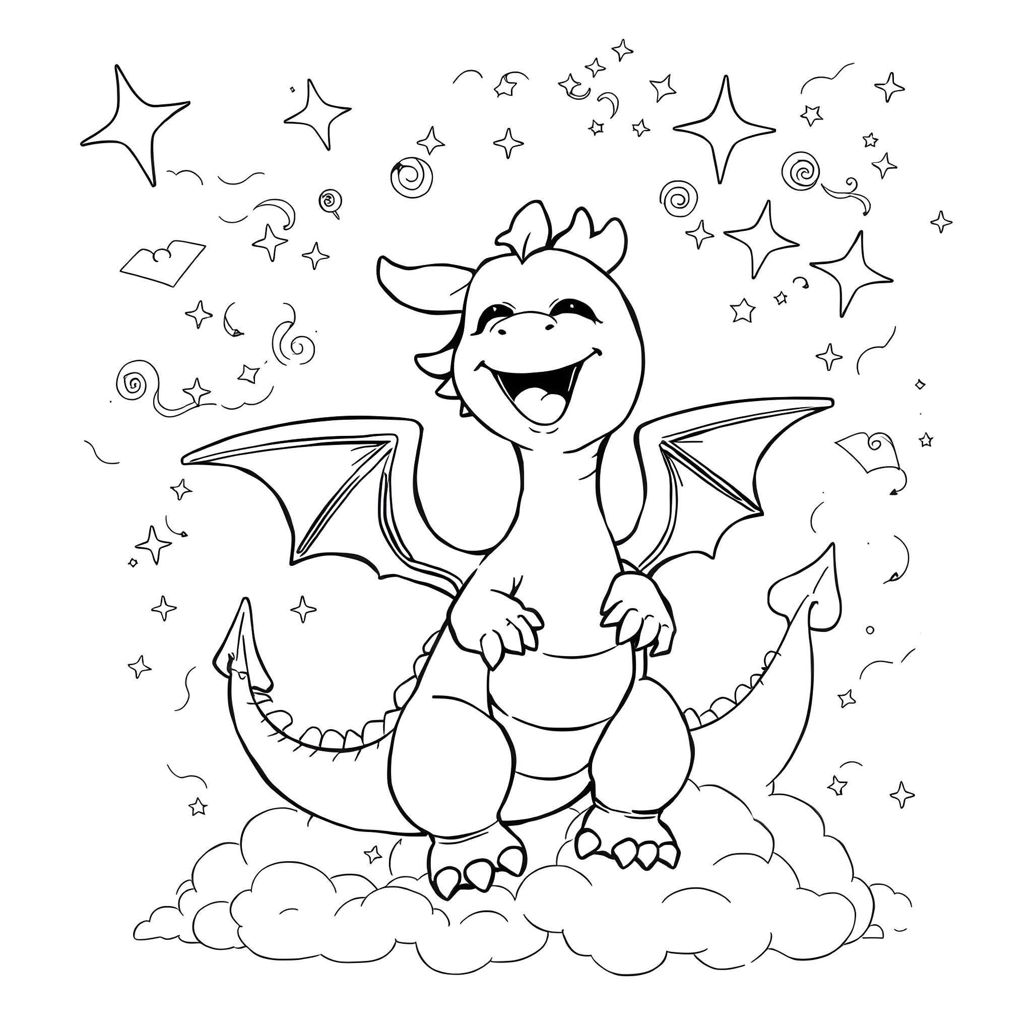 Dragon joyfully surrounded by stars Coloring Page (free black-and-white line drawing printable PDF for all, from beginners to advanced learners, including children, teens, adults, and seniors)