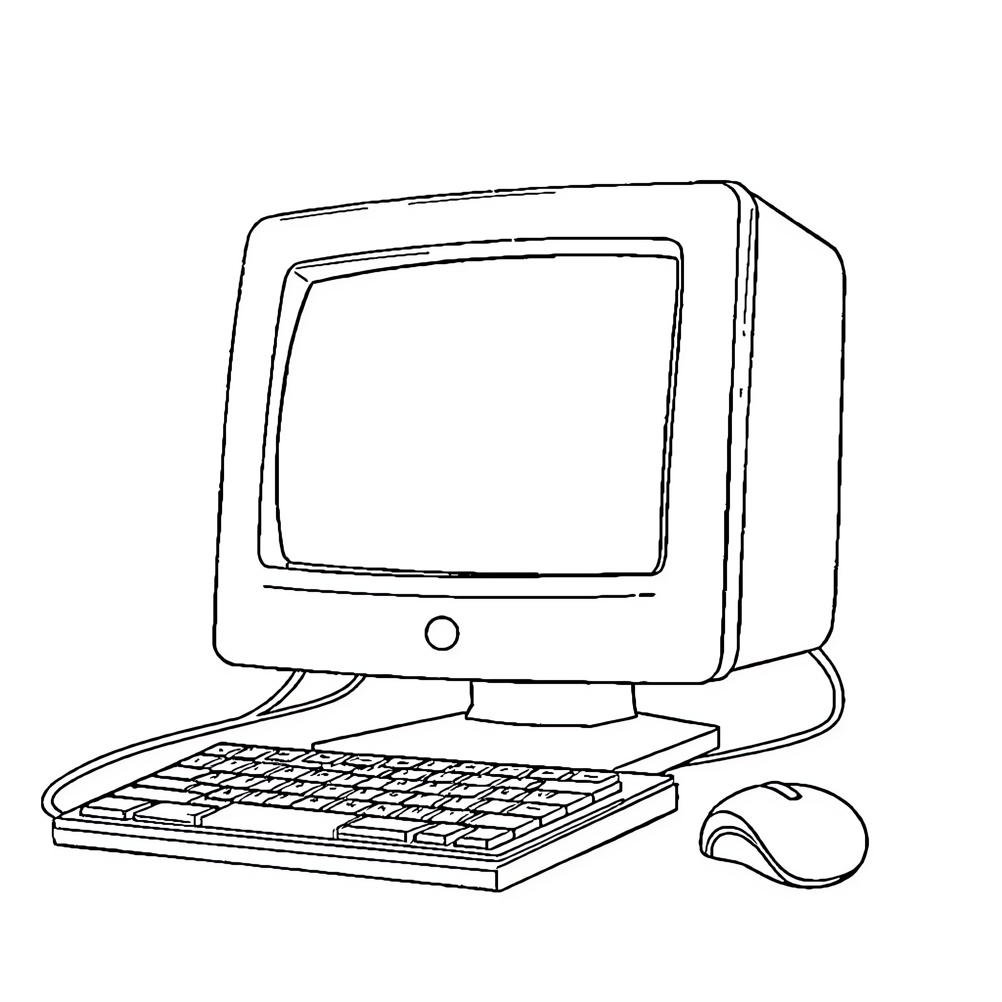 Computer displaying desktop with keyboard and mouse Coloring Page (free black-and-white line drawing printable PDF for all, from beginners to advanced learners, including children, teens, adults, and seniors)