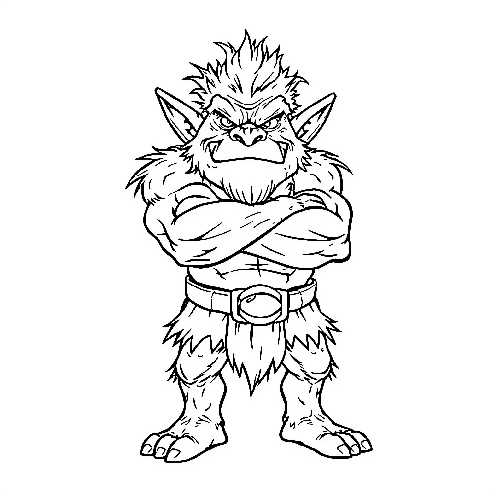 Troll with angry expression and crossed arms Coloring Page (free black-and-white line drawing printable PDF for all, from beginners to advanced learners, including children, teens, adults, and seniors)