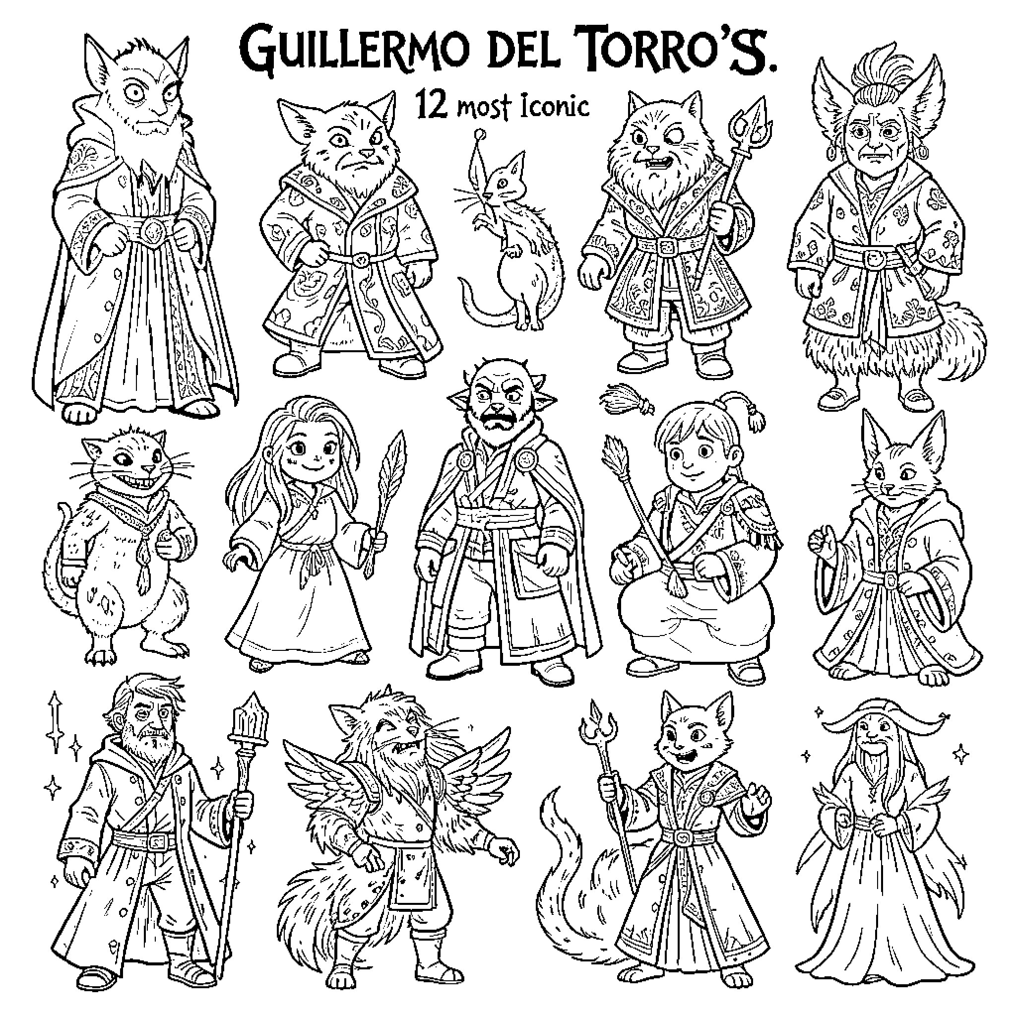 Guillermo del Torro's 12 Most Iconic Fantasy Characters Coloring Page (free black-and-white line drawing printable PDF for all, from beginners to advanced learners, including children, teens, adults, and seniors)