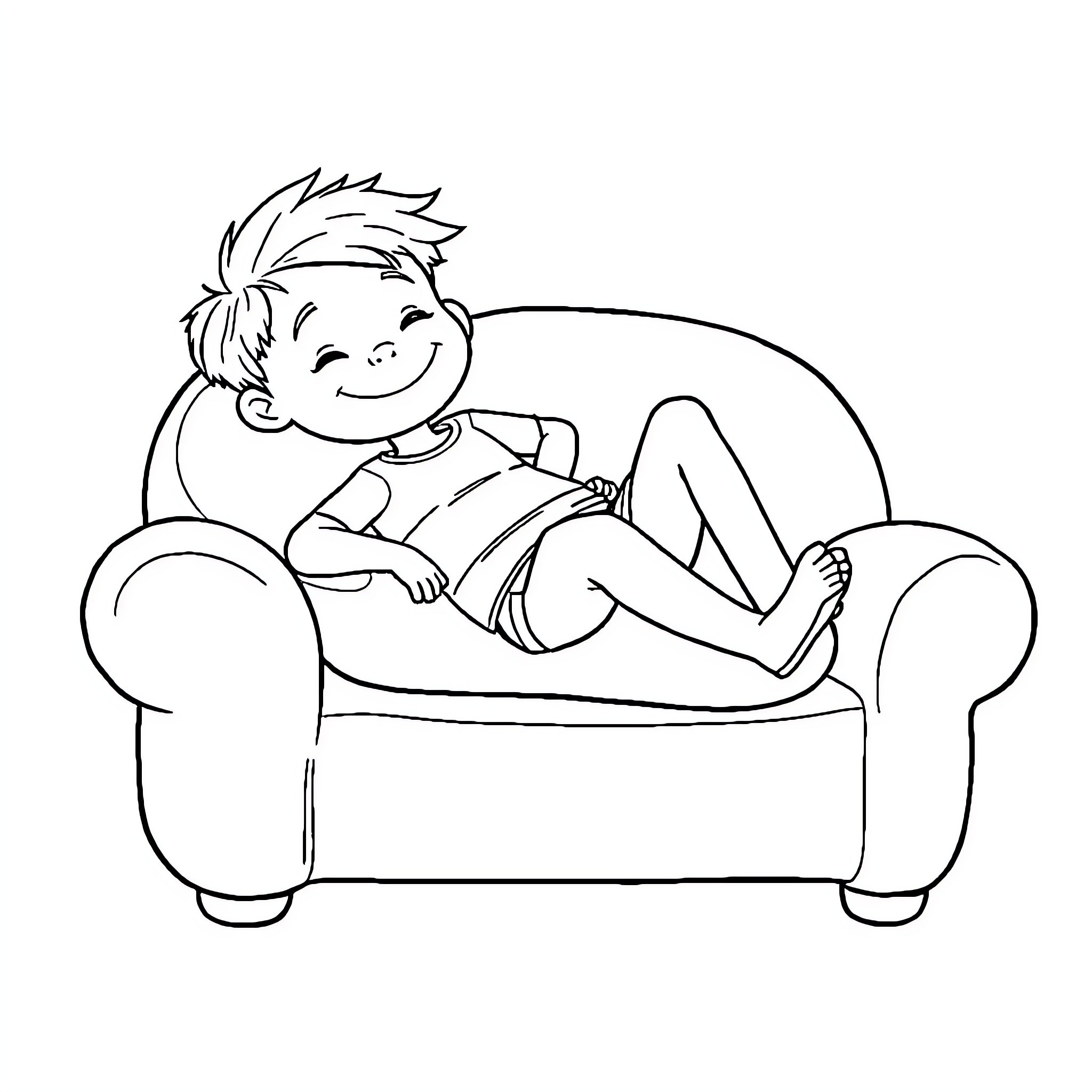 Couch Kid Relaxing Comfortably on Sofa Coloring Page (free black-and-white line drawing printable PDF for all, from beginners to advanced learners, including children, teens, adults, and seniors)