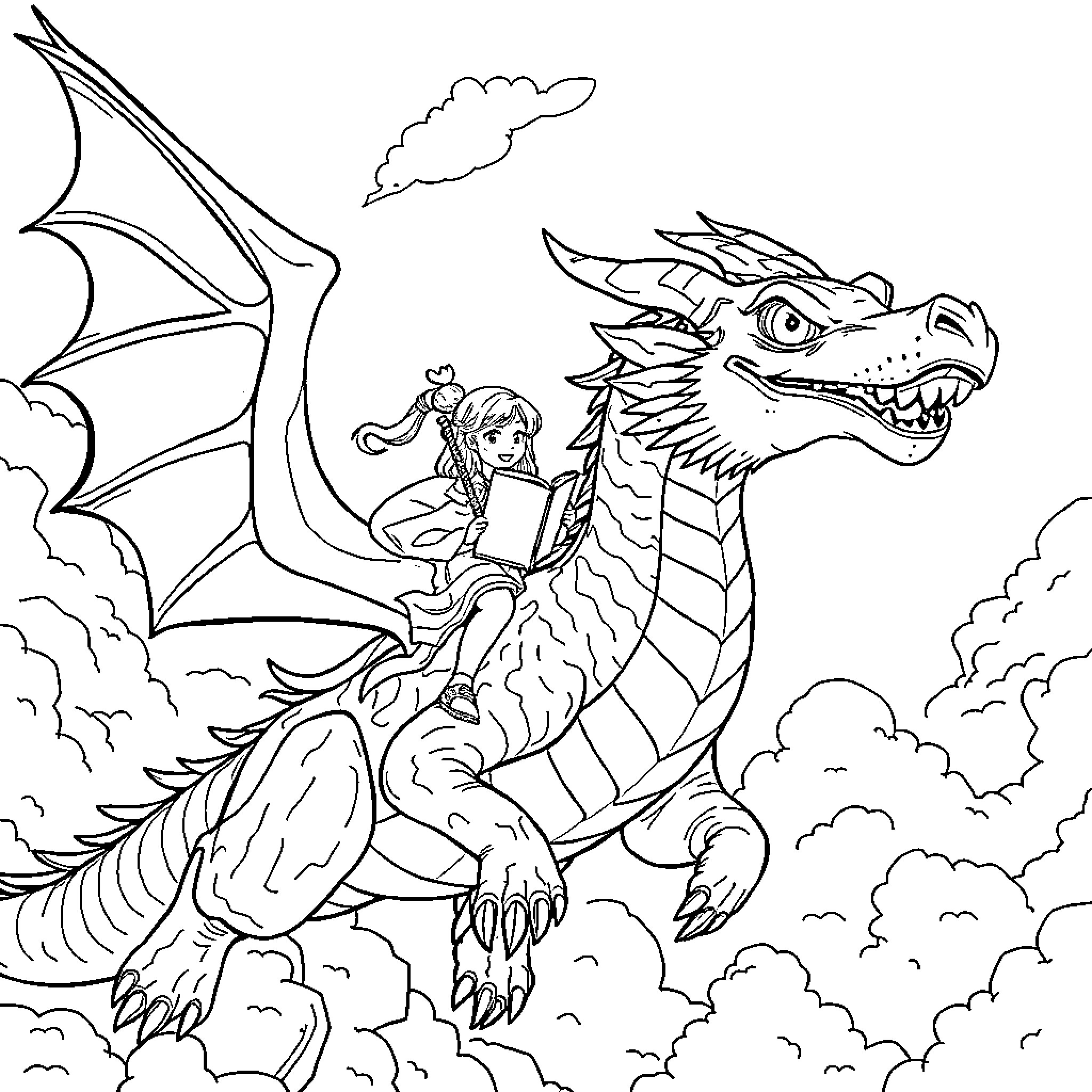 Dragon soaring with young person in the sky Coloring Page (free black-and-white line drawing printable PDF for all, from beginners to advanced learners, including children, teens, adults, and seniors)